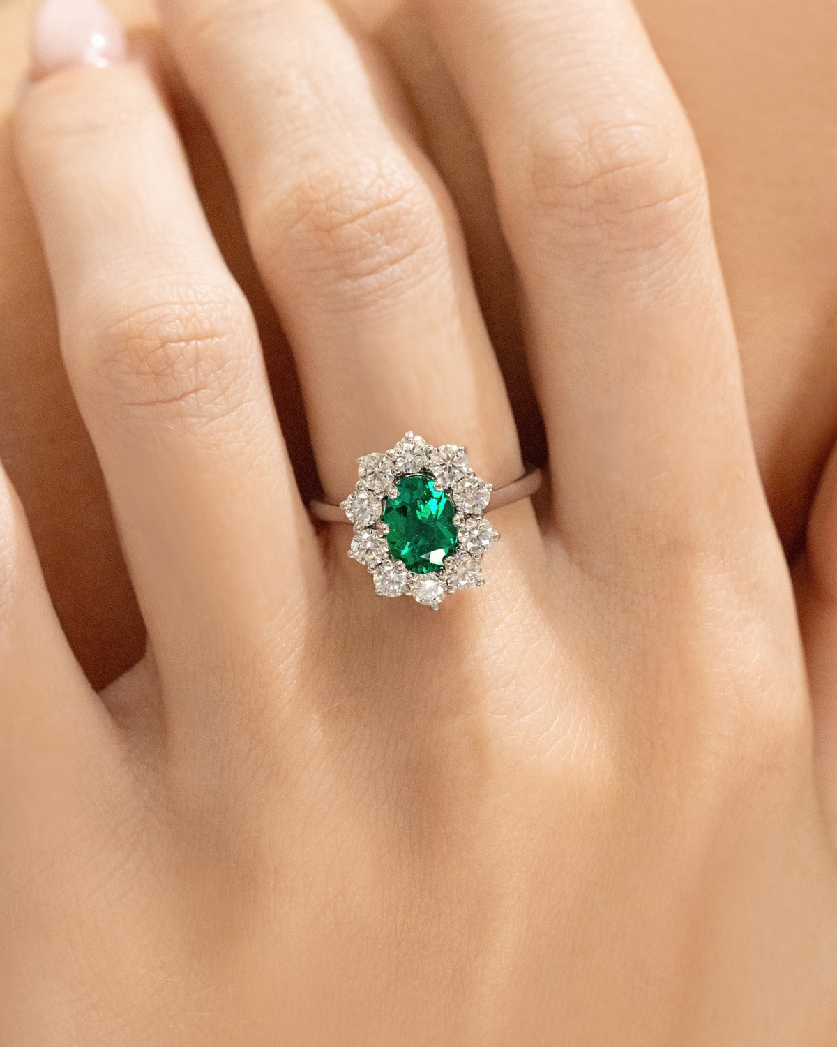 Emerald Halo Engagement Ring in Sterling Silver
