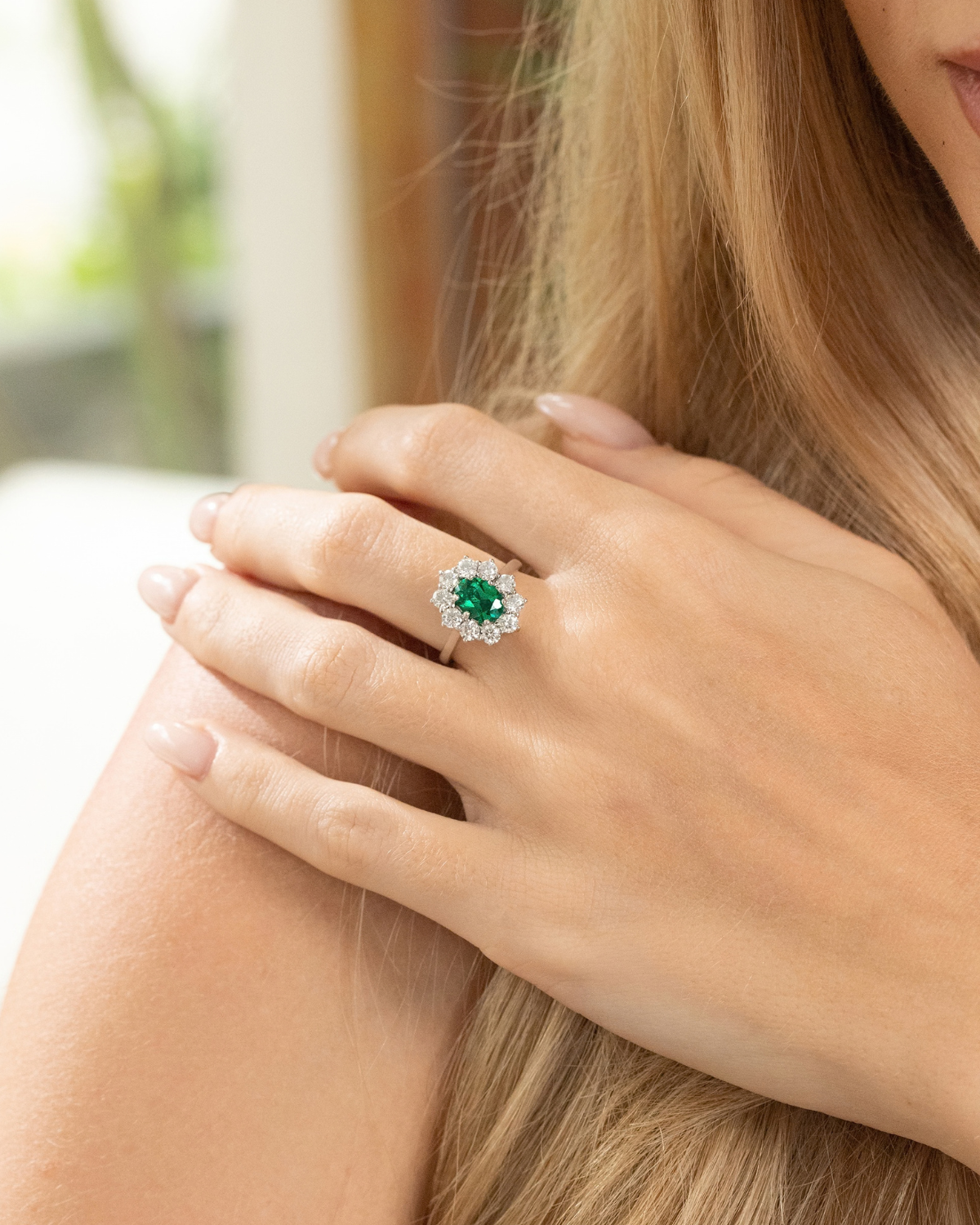 Emerald Halo Engagement Ring in Sterling Silver