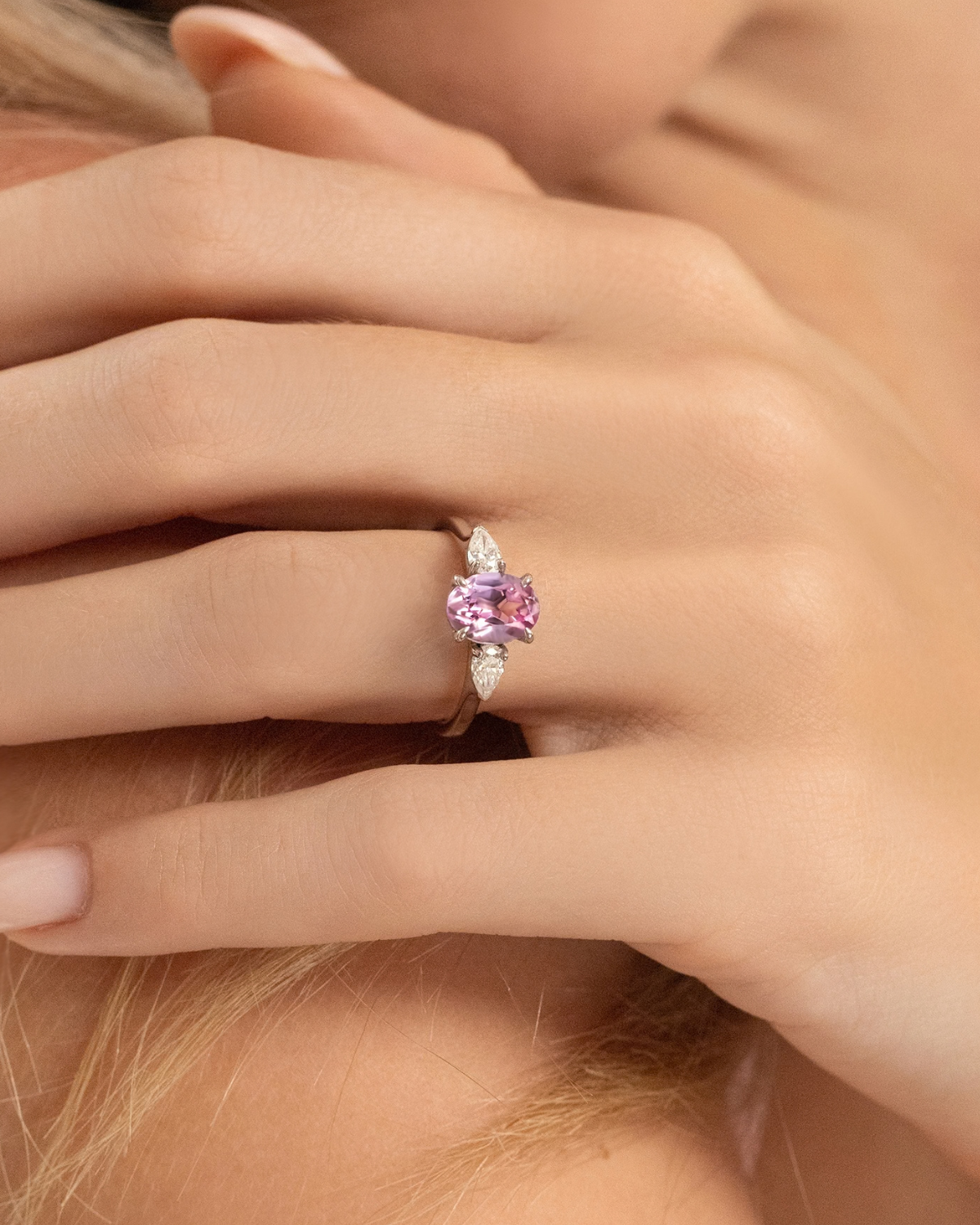 Pink Sapphire Oval Cut Three Stone Engagement Ring in Sterling Silver