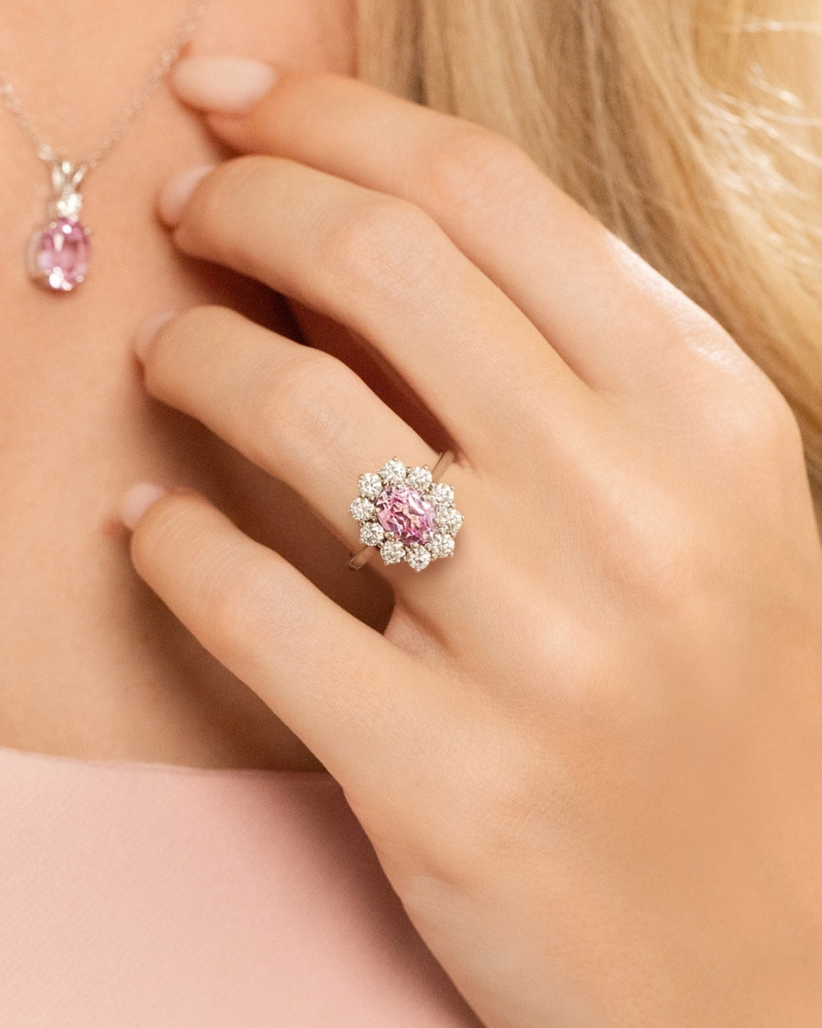 Pink Sapphire Halo Engagement Ring in Sterling Silver