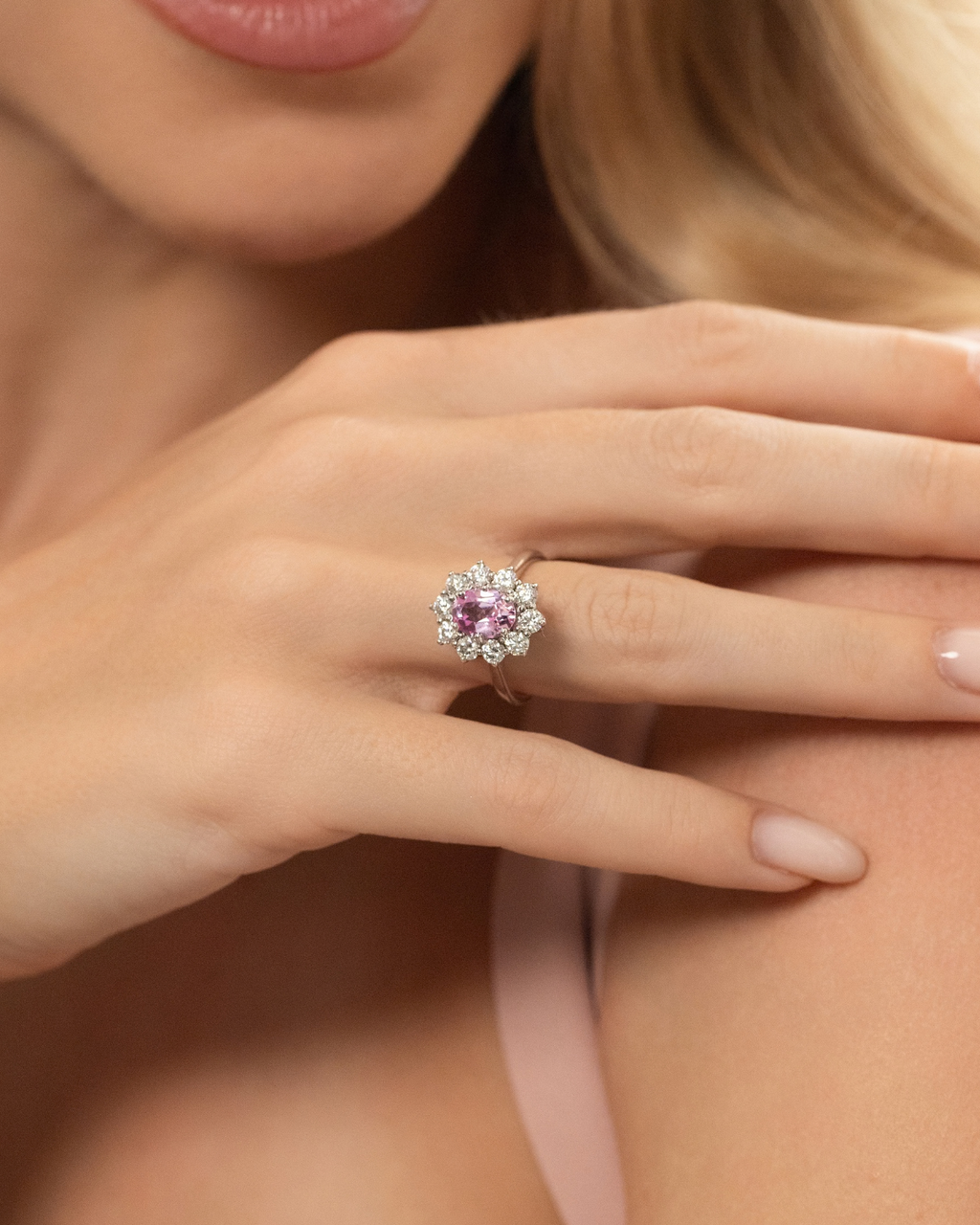 Pink Sapphire Halo Engagement Ring in Sterling Silver