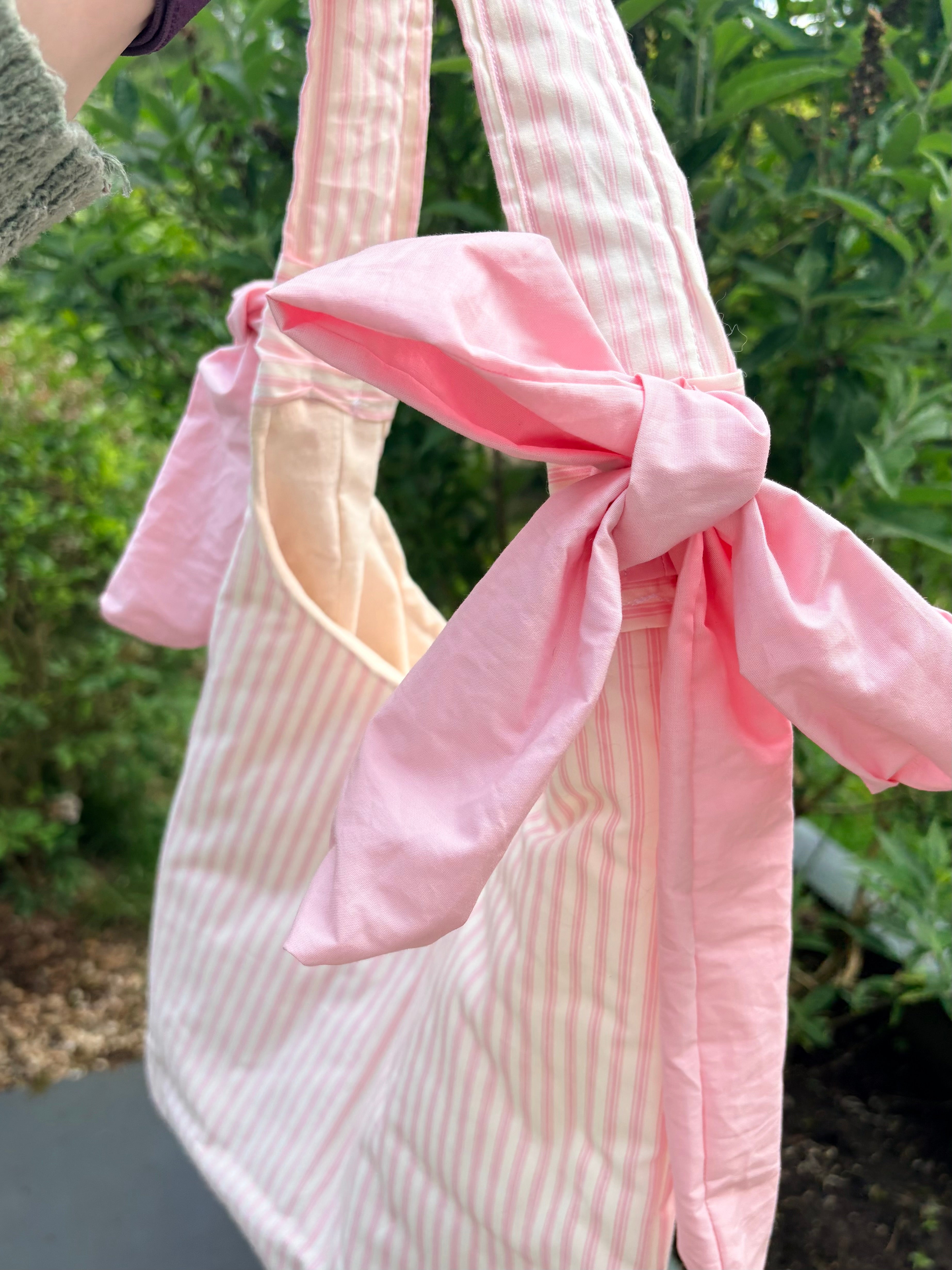 Handmade white and pink stripe coquette padded tote bag with bows