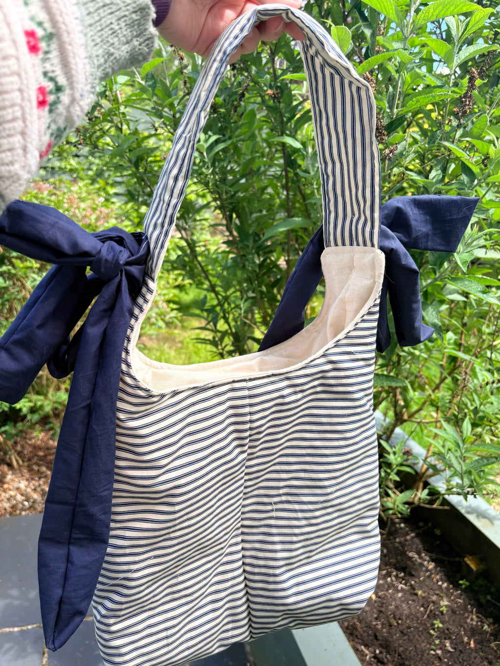 Handmade white and navy blue stripe coquette padded tote bag with bows