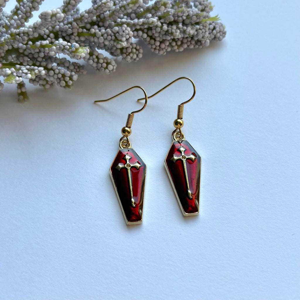 Dark red silver coffin with cross halloween dangle earrings