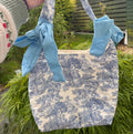 Handmade white and blue porcelain coquette farm print padded tote bag with blue bows