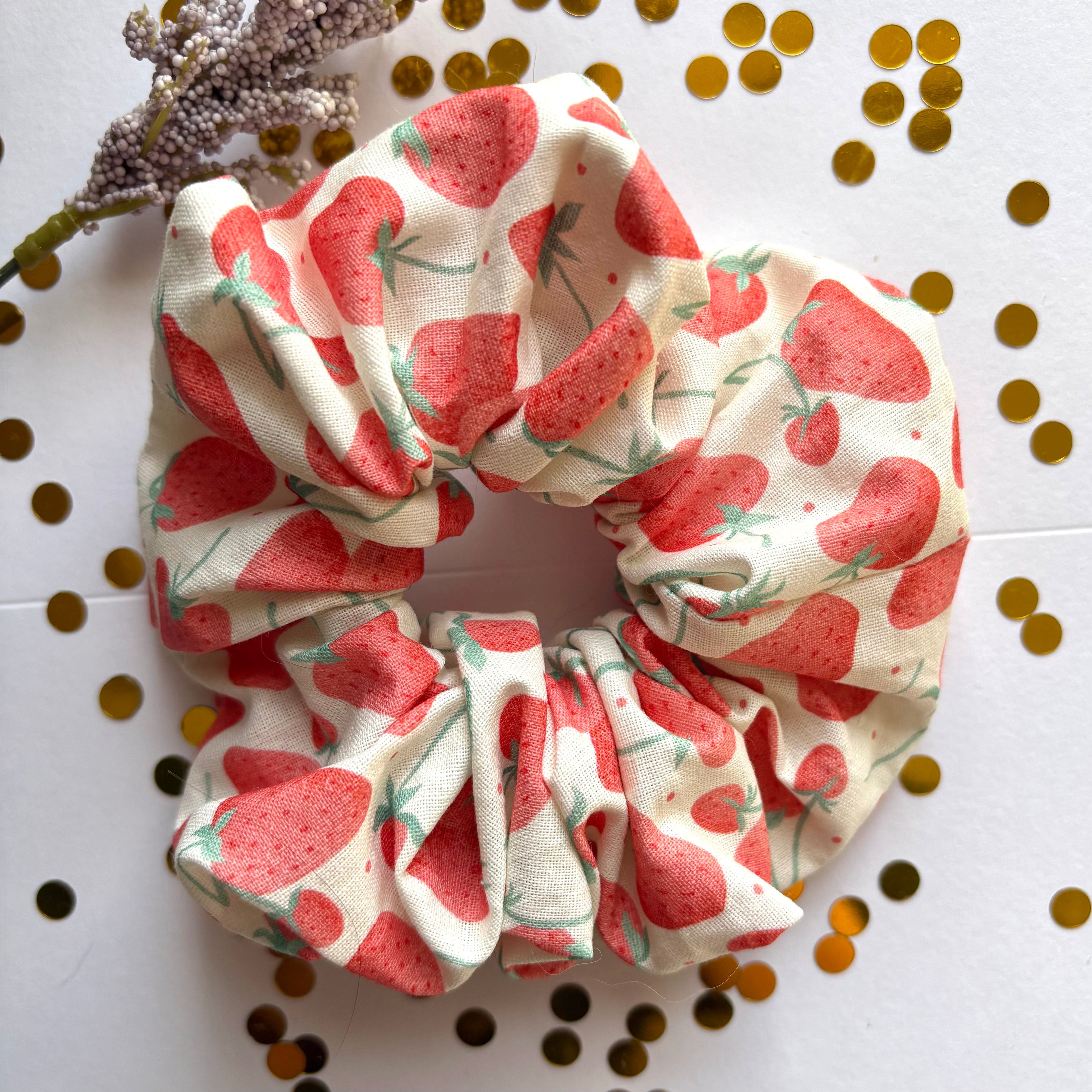 Handmade large white and red strawberry scrunchie