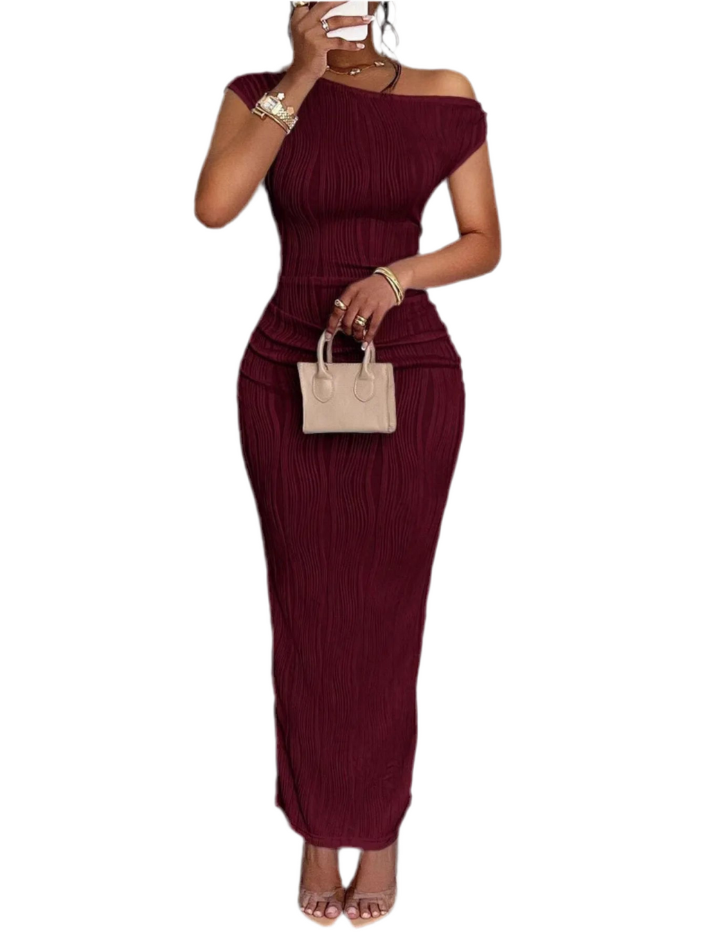 Textured Single Shoulder Bodycon Maxi Dress
