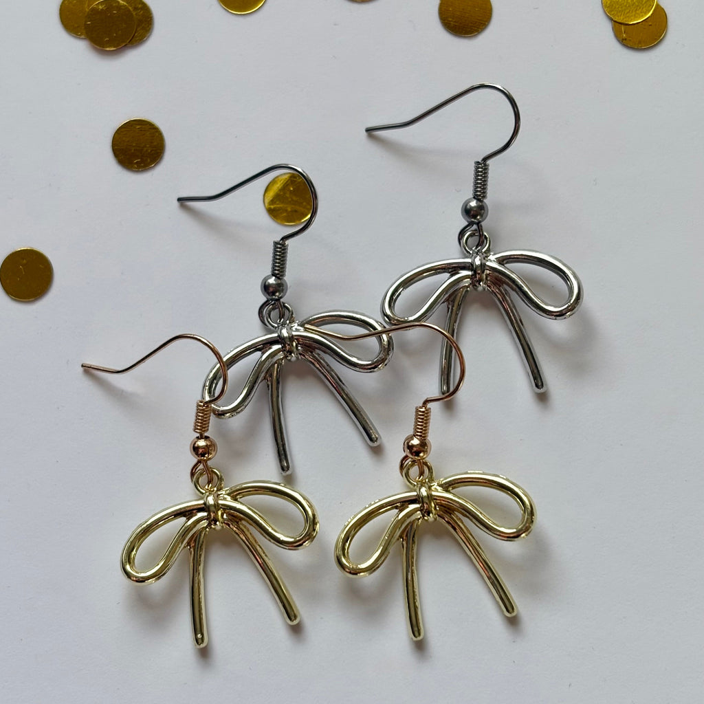 Cool gold or silver dangle bow earrings