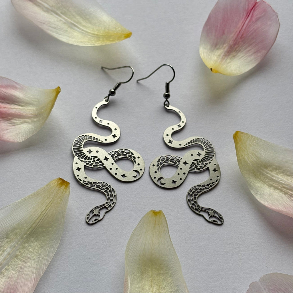 Cool quirky silver stainless steel statement celestial these moon star snake drop dangle earrings