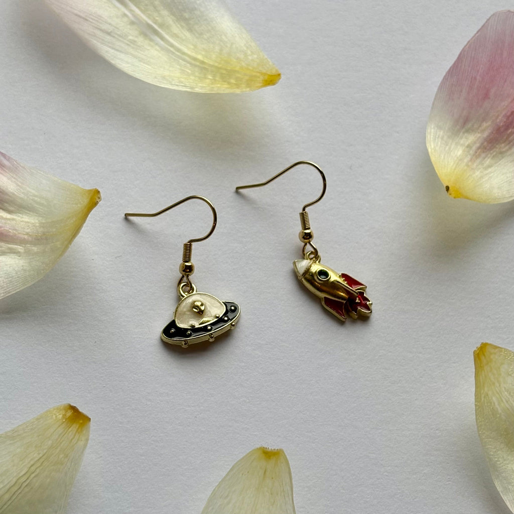 Space rocket and alien space ship gold dangle earrings