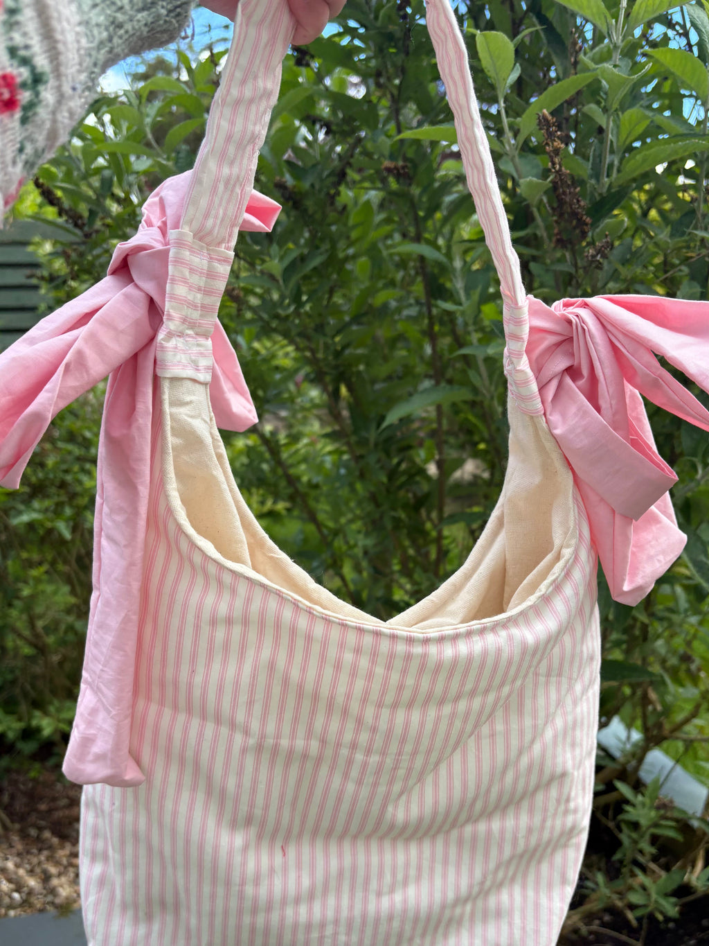 Handmade white and pink stripe coquette padded tote bag with bows