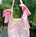 Handmade white and pink stripe coquette padded tote bag with bows