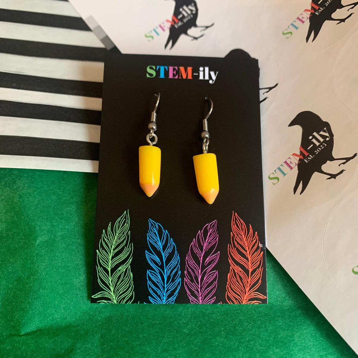 Cute miniature colourful quirky pencil stationary silver earrings on hypoallergenic surgical steel hooks