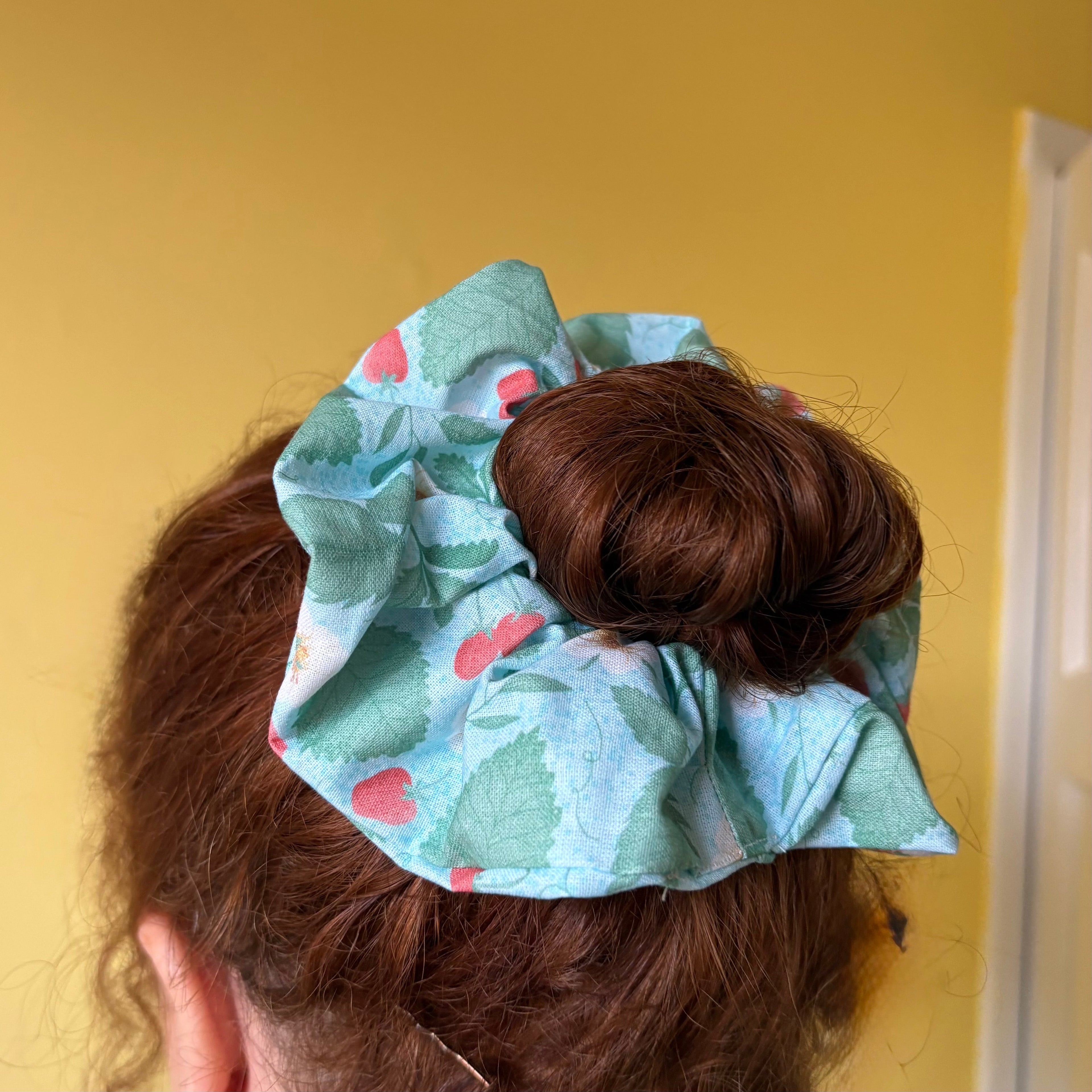Handmade large light blue scrunchie with strawberry plants