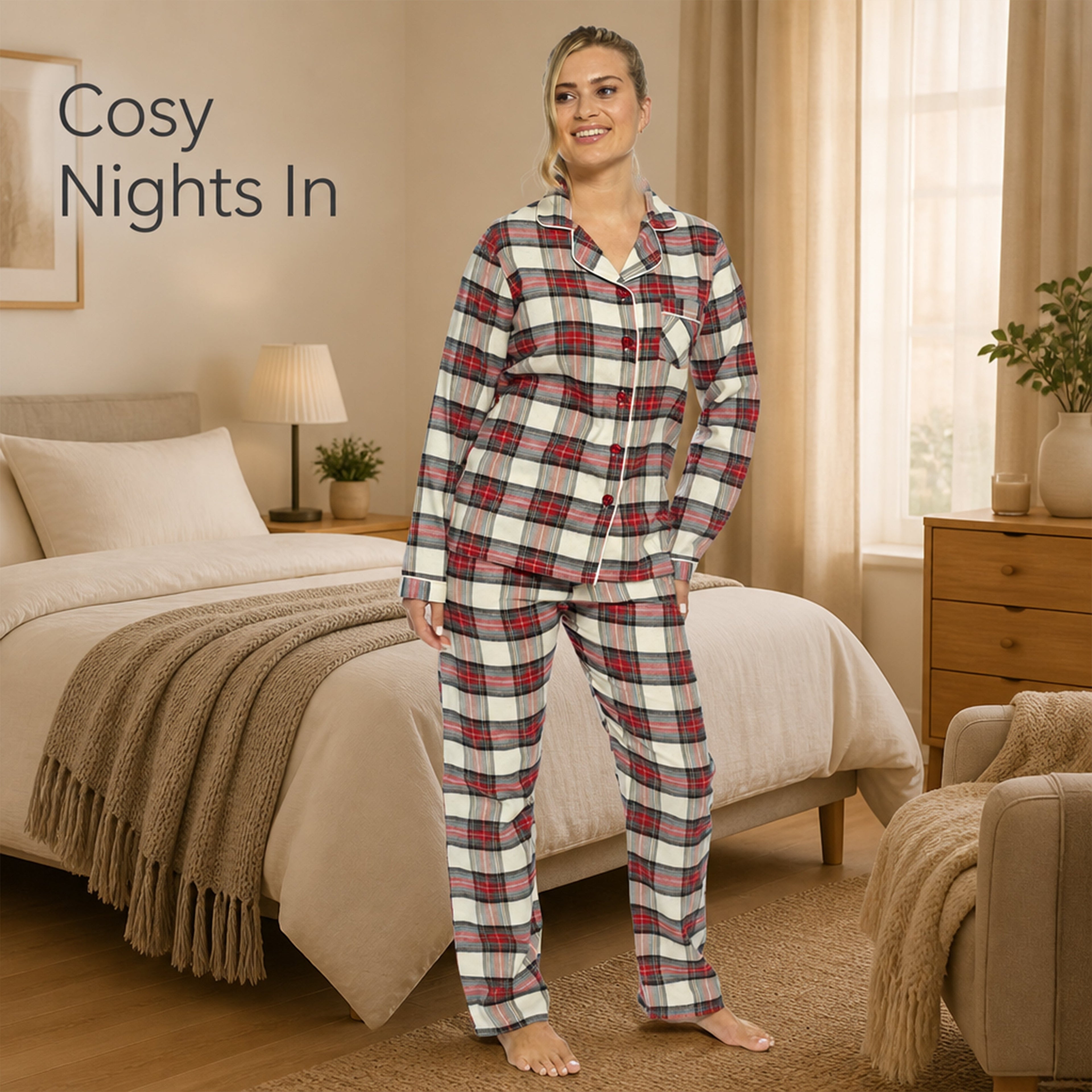 Daisy Dreamer Womens Flannelette Check Pyjama Set Soft Brushed Cotton Easy Care Super Soft Cosy Sleepwear