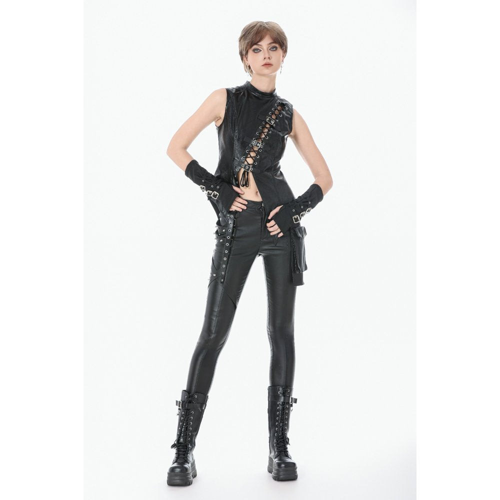 Dark in Love Punk Leather-Look Strap Detail Trousers