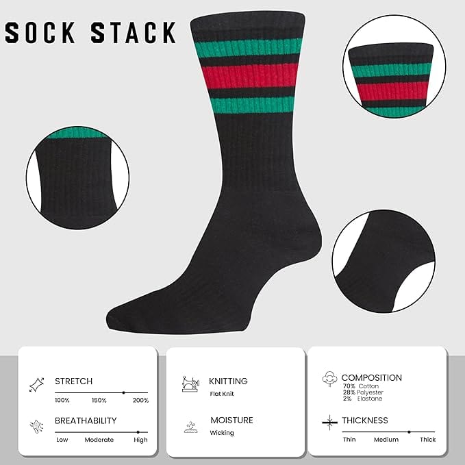 Sock Stack Mens Stripes Sport Crew Socks Cotton Durable Blend 5 Pack For Training Running