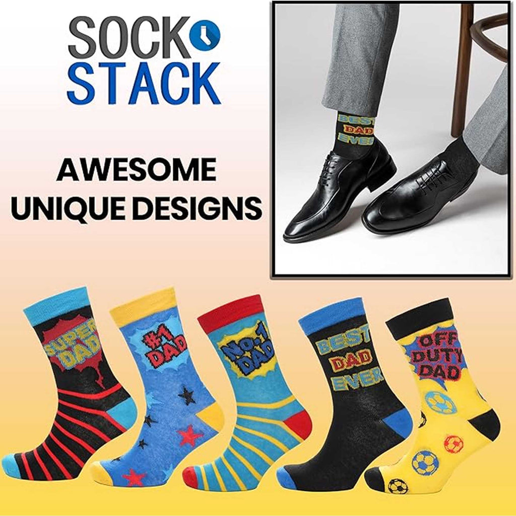Sock Stack Mens Cotton Rich Novelty Dad Socks 5 Pack Colorful Breathable Crew Length Gift