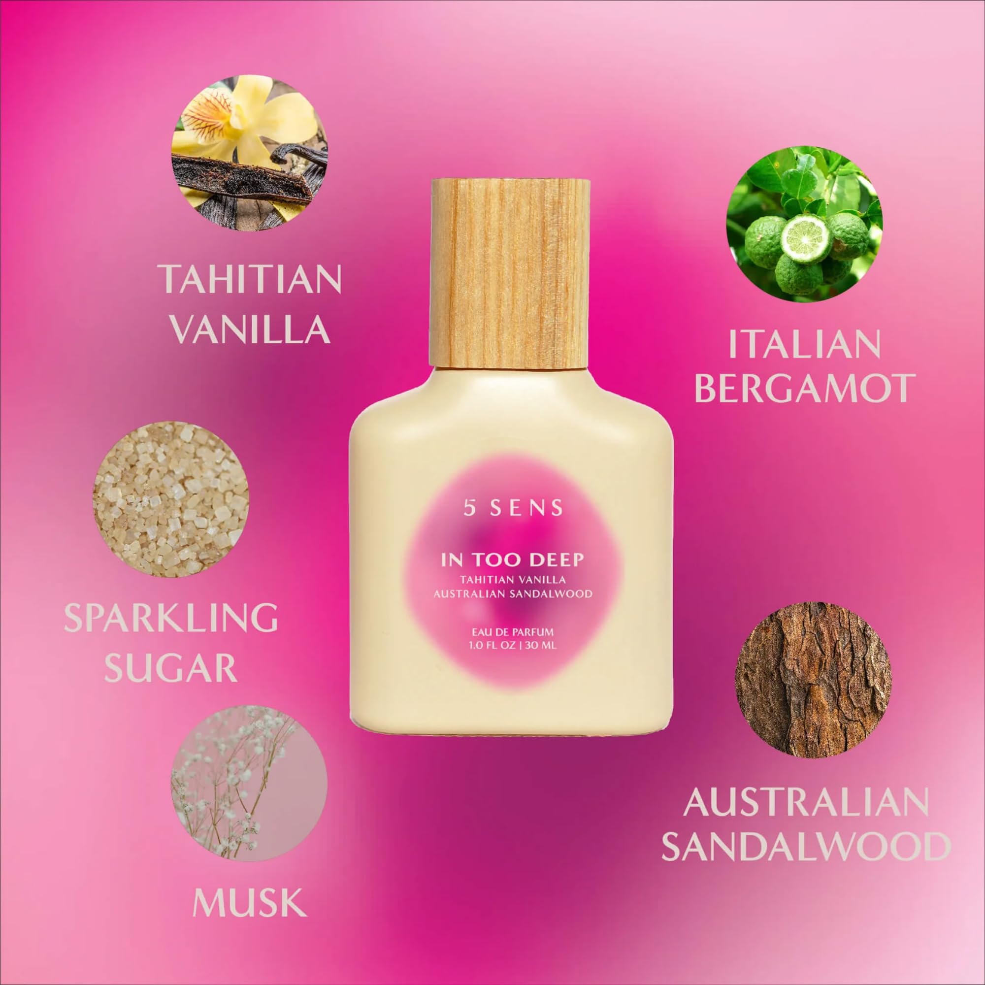 5 SENS In Too Deep Eau de Parfum (30 mL) – Clean, Long-Lasting Gourmand Fragrance with Tahitian Vanilla, Bergamot & Sandalwood – Vegan, Cruelty-Free