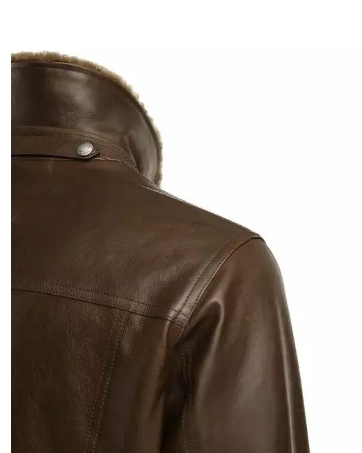 Men's Brown Shearling-Collar Leather Jacket