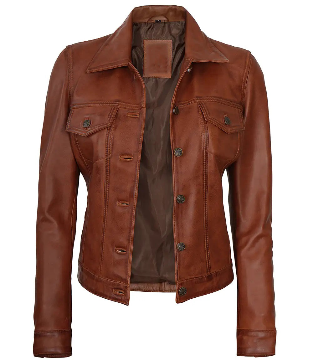 Women's Brown Leather Button-Front Trucker