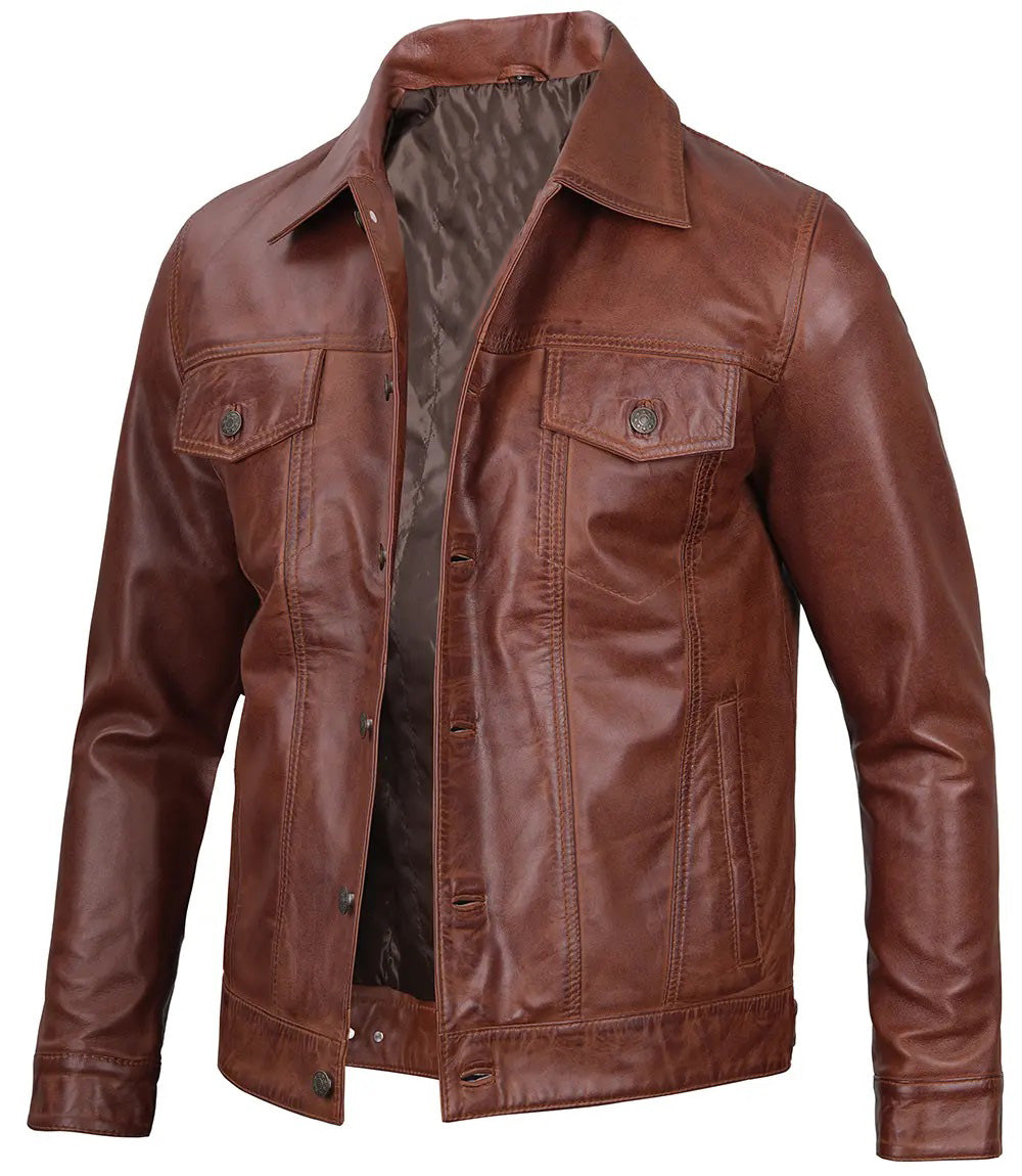 Men's Brown Leather Casual Zip Jacket