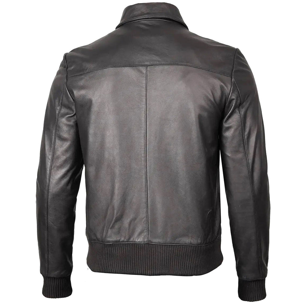 Men's Ribbed-Trim Black Leather Bomber