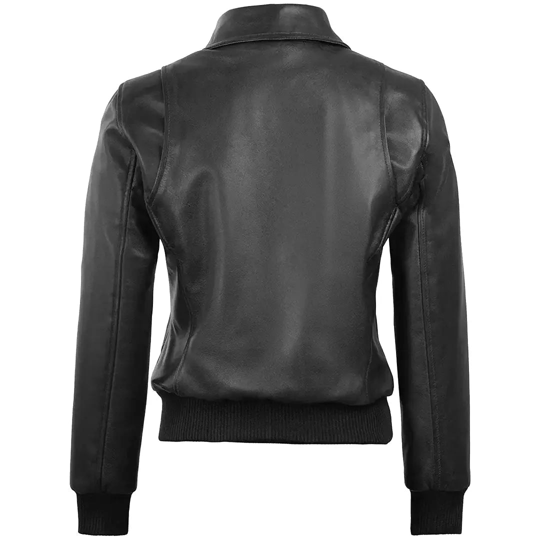 Women's Black Leather Bomber Jacket