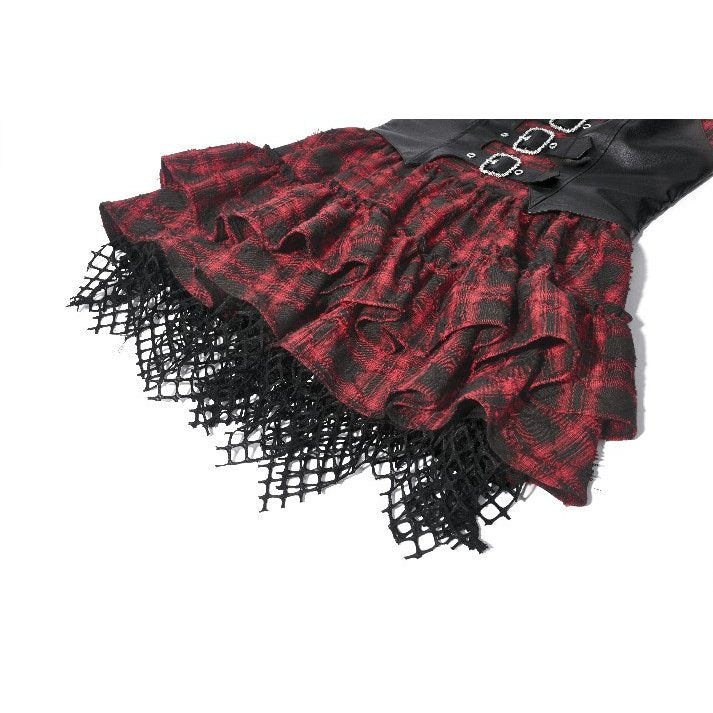 Dark in Love Red-Black Plaid Leather Layered Punk Sweetcore Dress