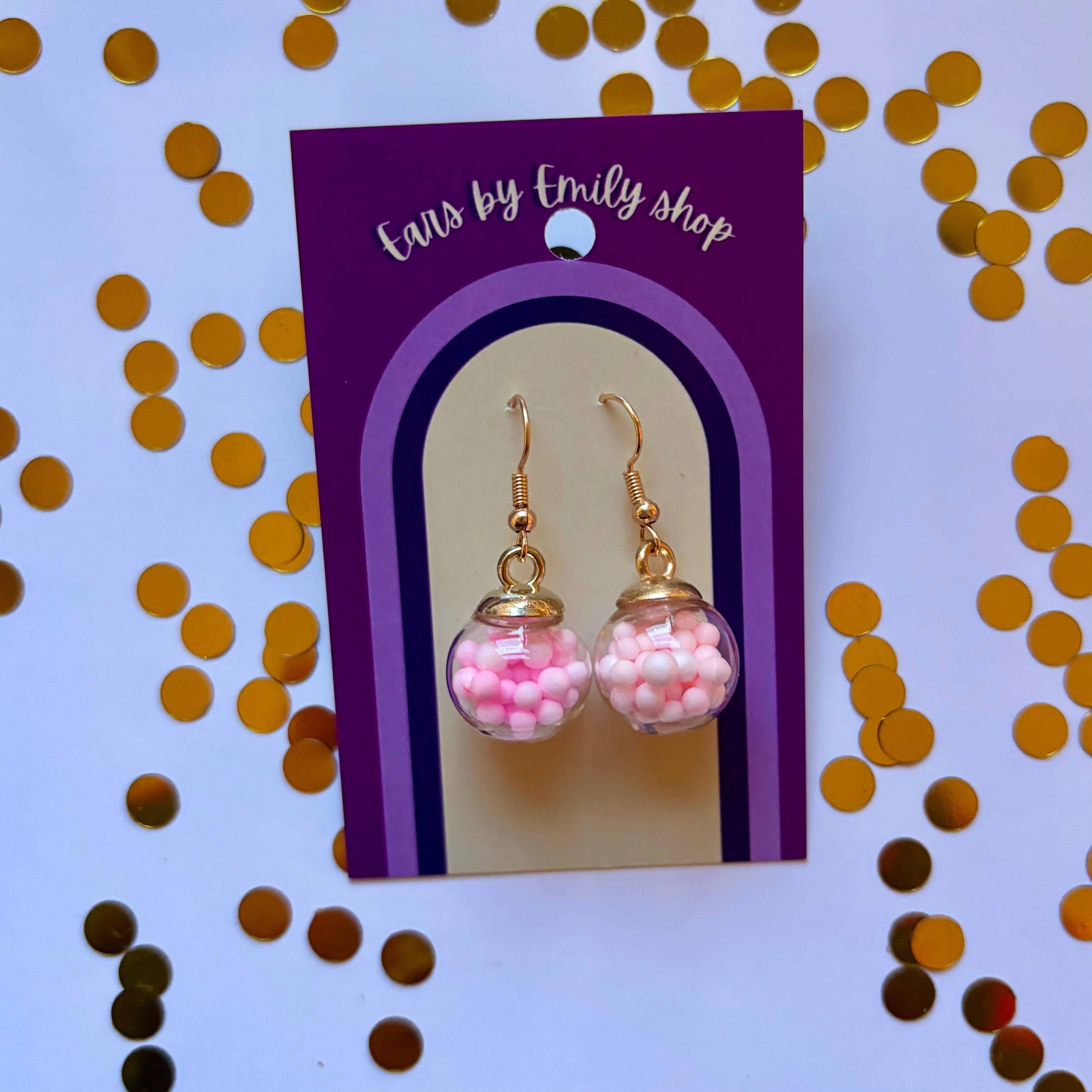 Pink ball bauble Christmas dangle earrings gold plated