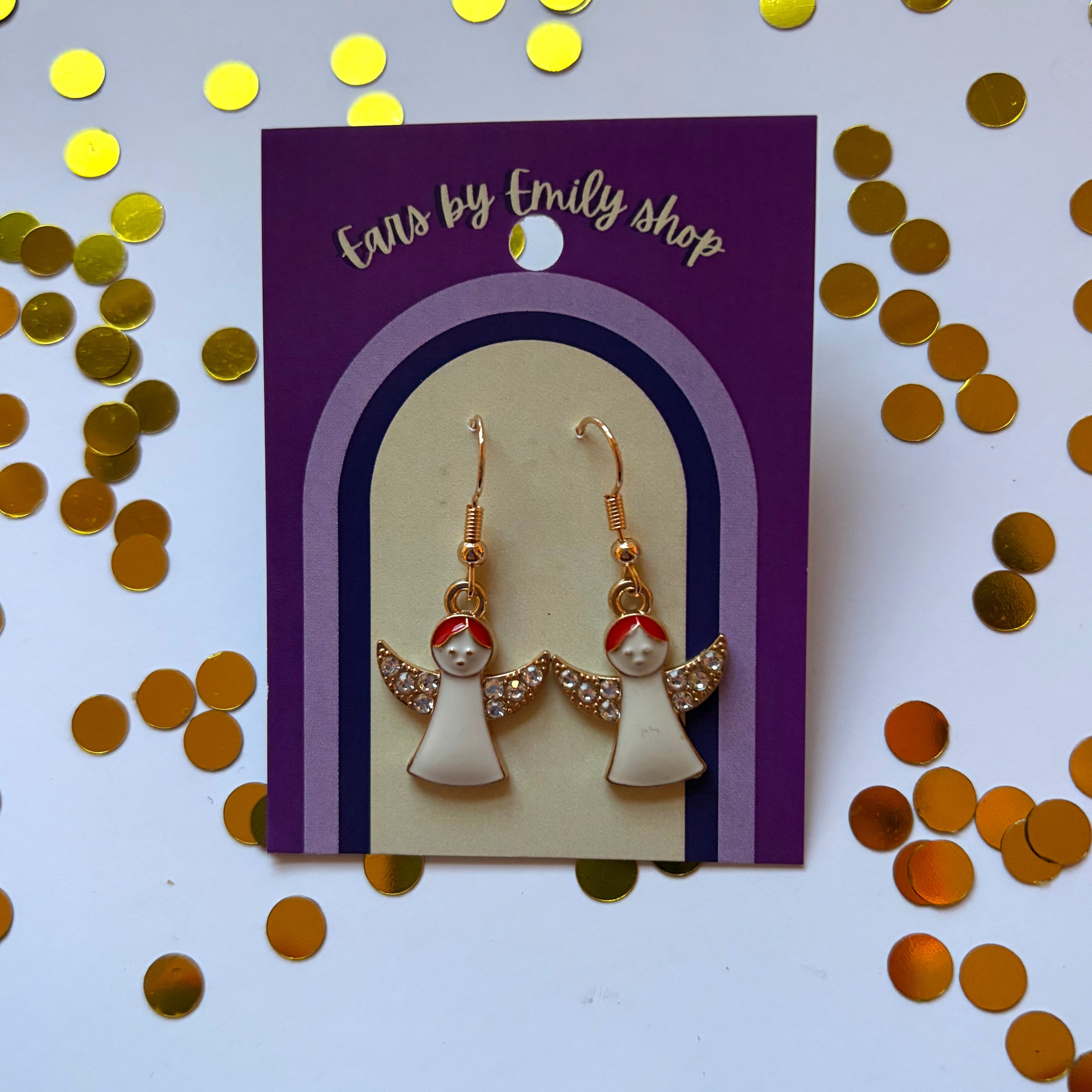 Gold and white Christmas angel sparkle dangle earrings on gold plated hooks
