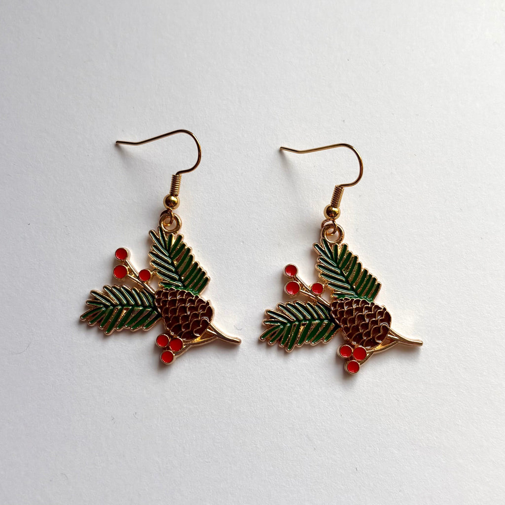 Christmas festive pinecone gold drop dangle earrings