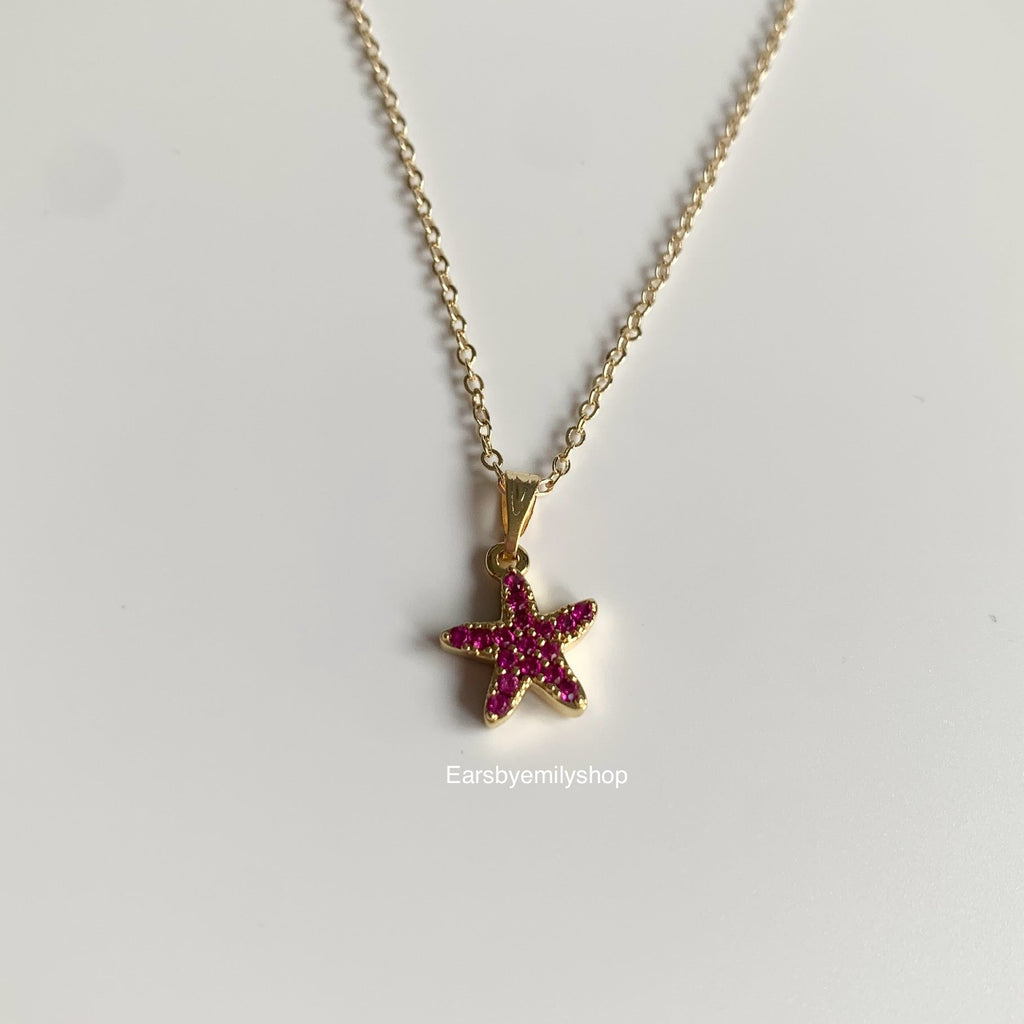 Gold plated pink crystal starfish pendant necklace