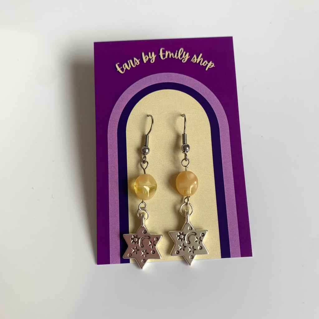 Cool silver star with yellow or blue bead statement dangle hypoallergenic earrings