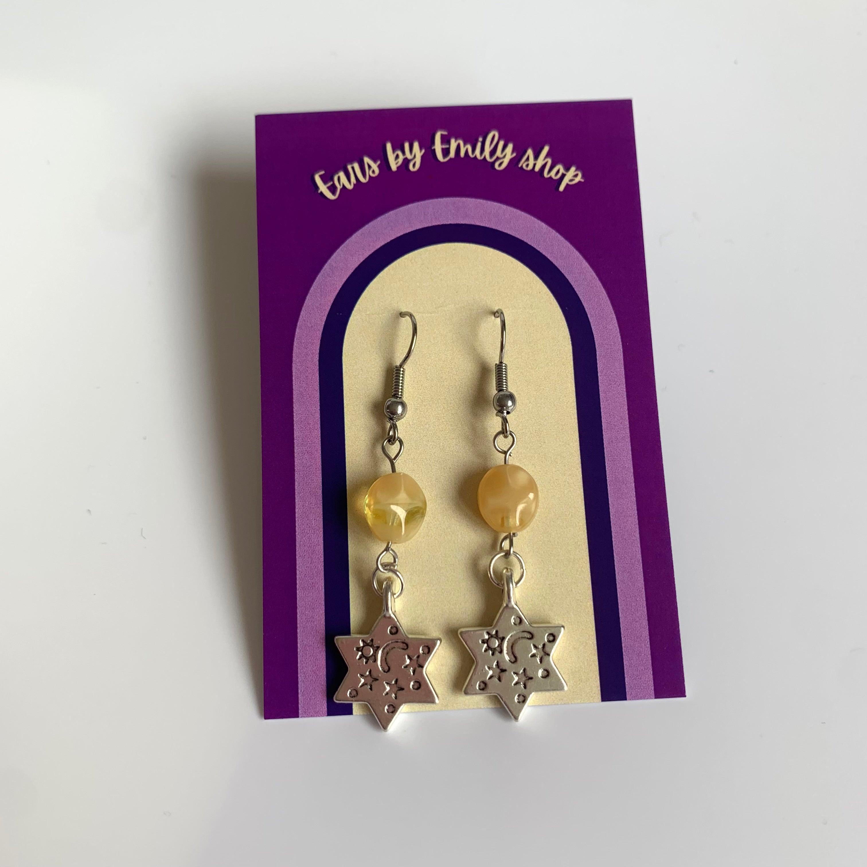 Cool silver star with yellow or blue bead statement dangle hypoallergenic earrings