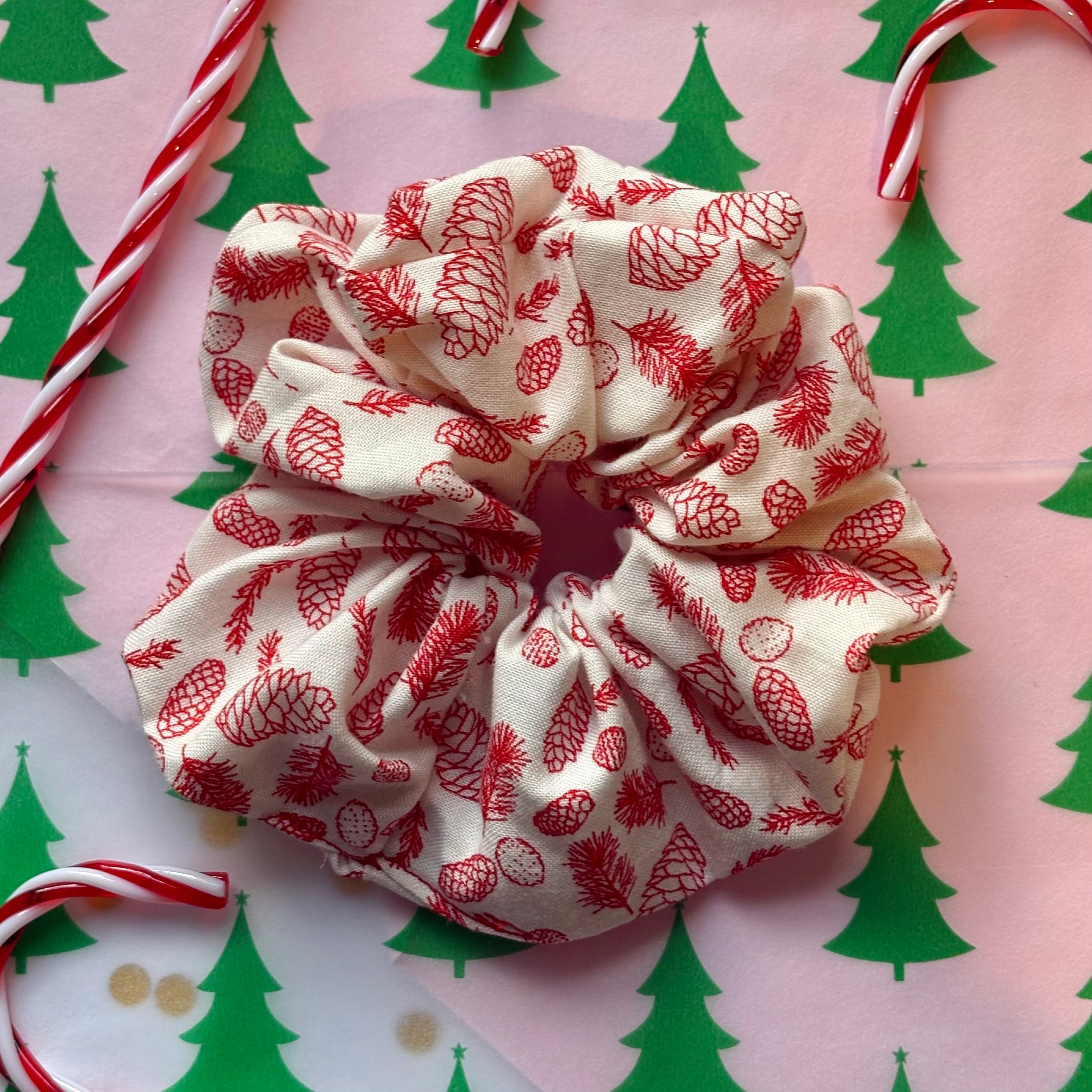 Cool large cream and red minimalist acorn leaf festive plant Christmas scrunchie