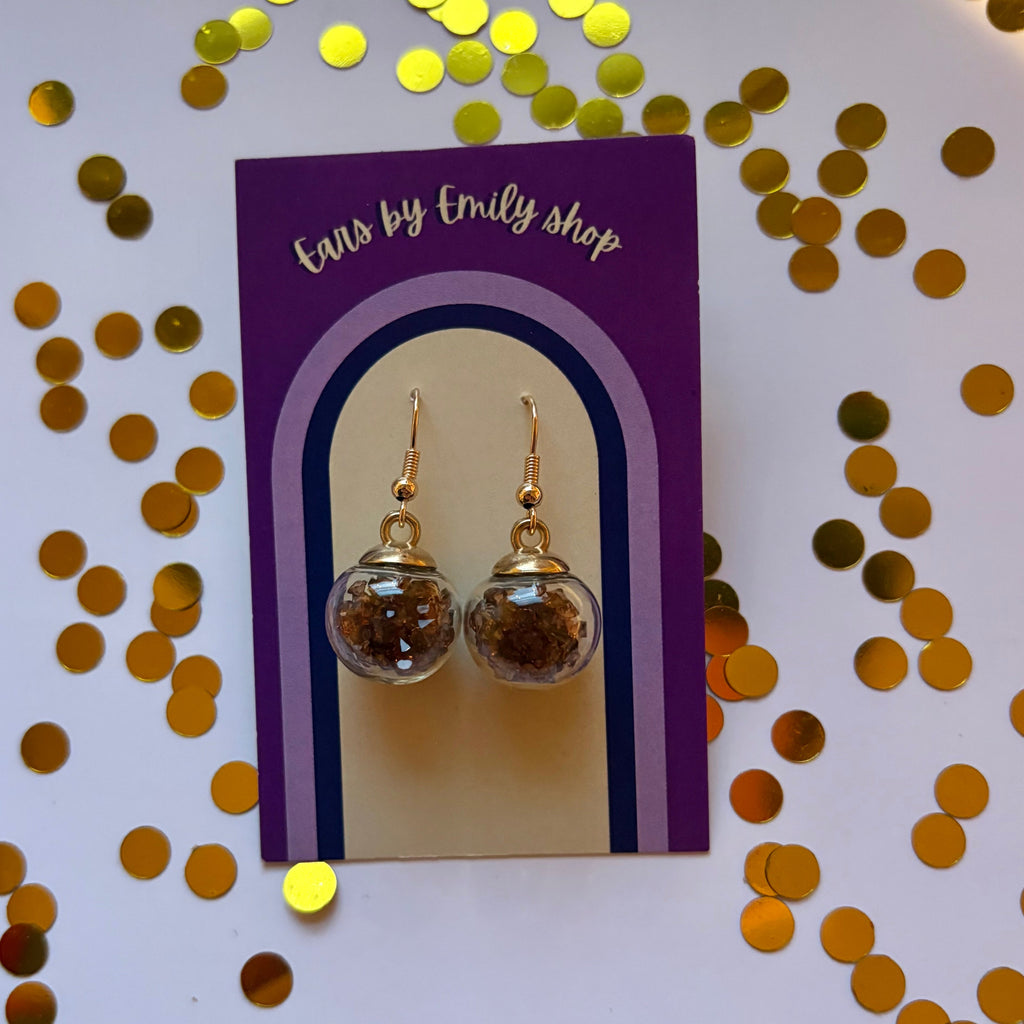 Brown sparkle gem bauble Christmas dangle earrings gold plated