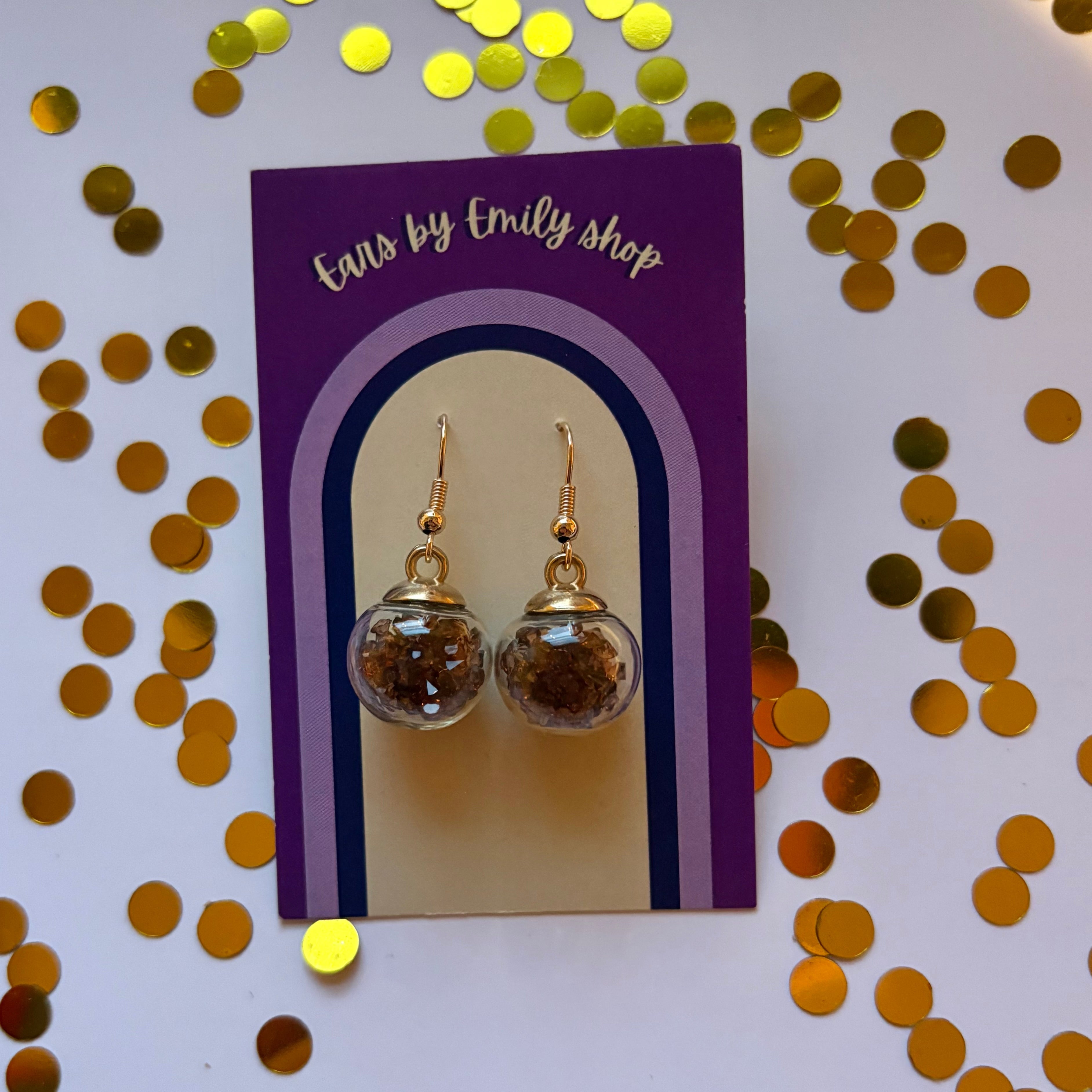 Brown sparkle gem bauble Christmas dangle earrings gold plated
