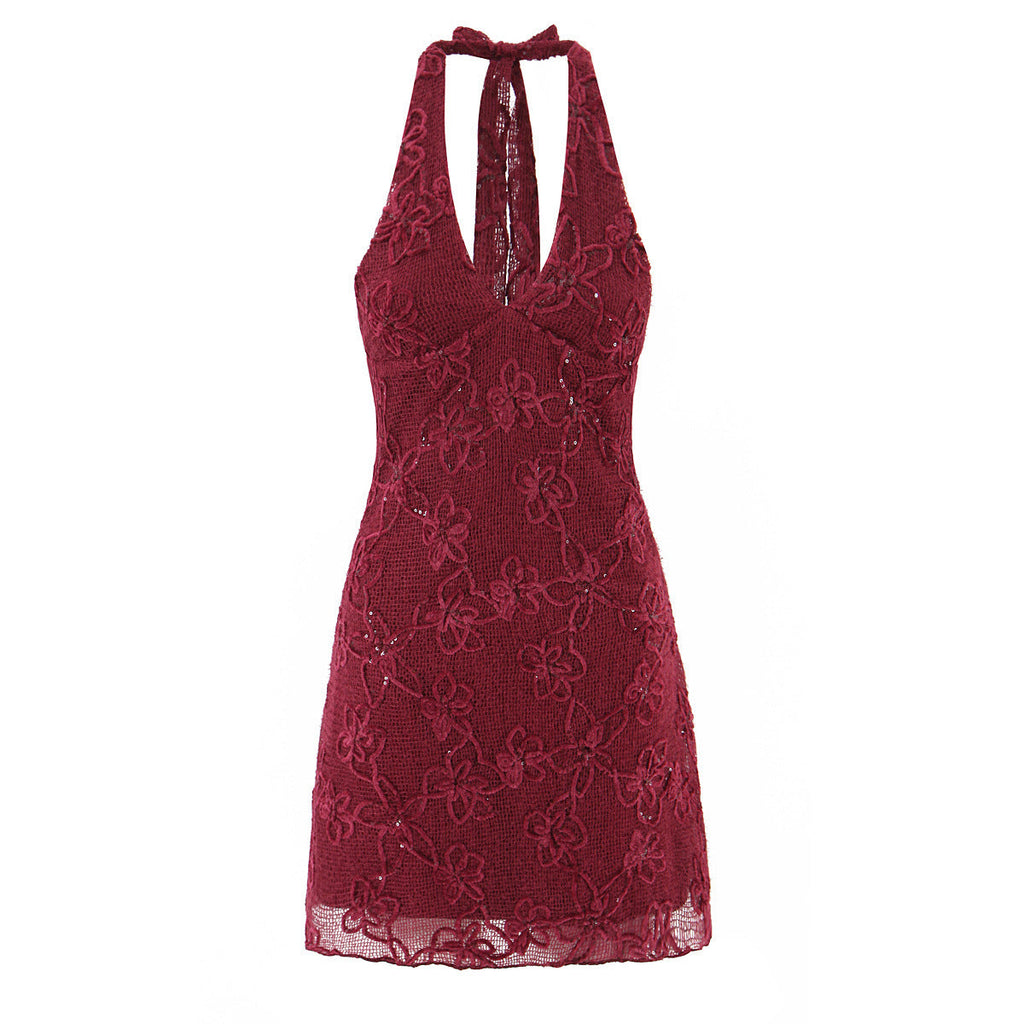 Elegant Heavy Embroidery Velvet Halter Evening Dress