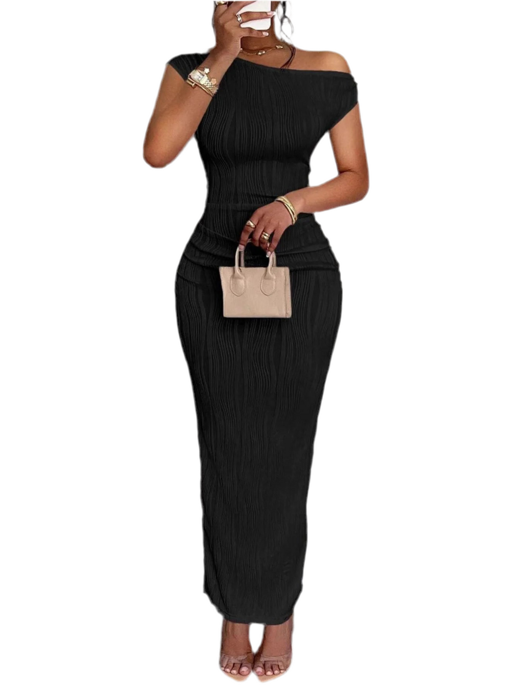 Textured Single Shoulder Bodycon Maxi Dress