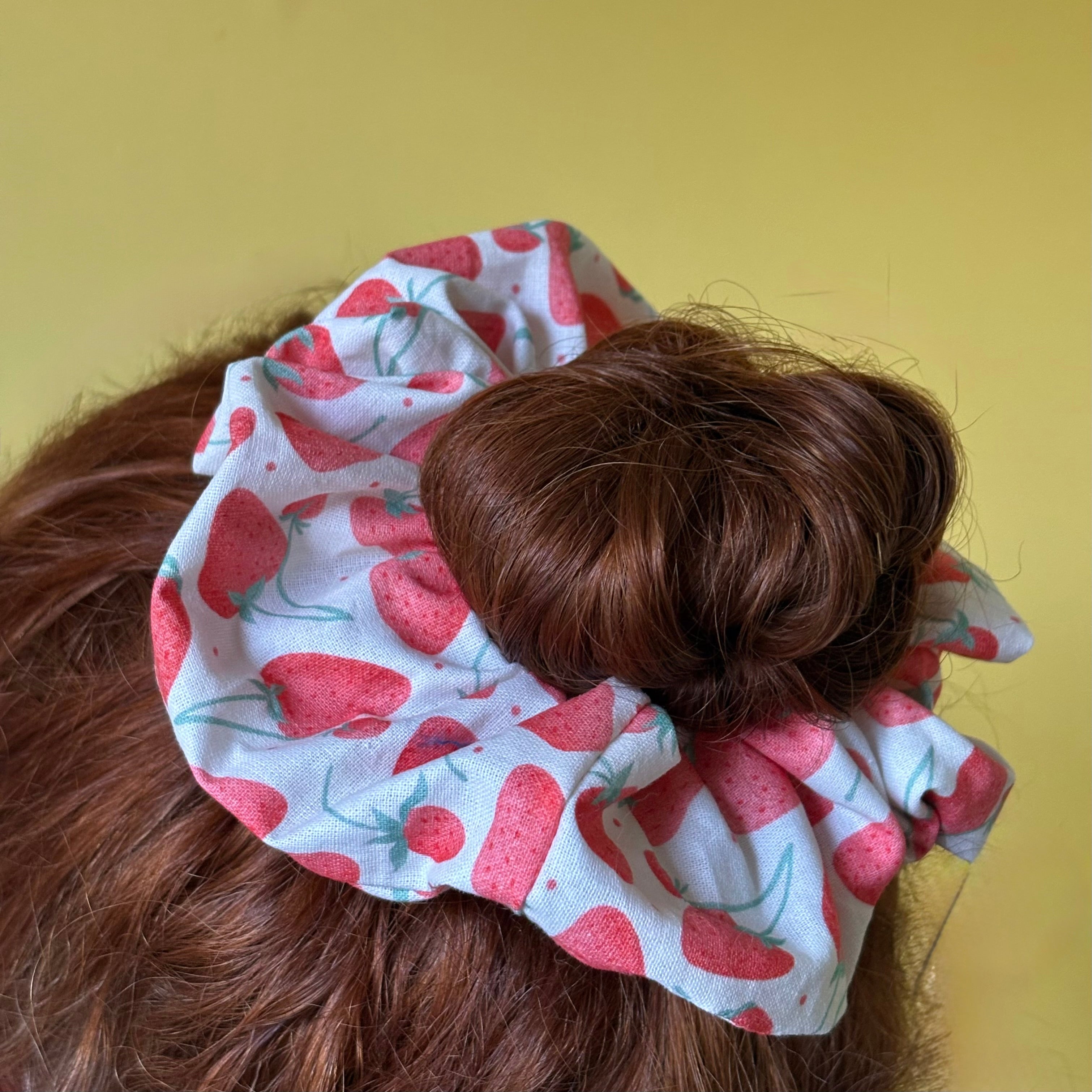 Handmade large white and red strawberry scrunchie