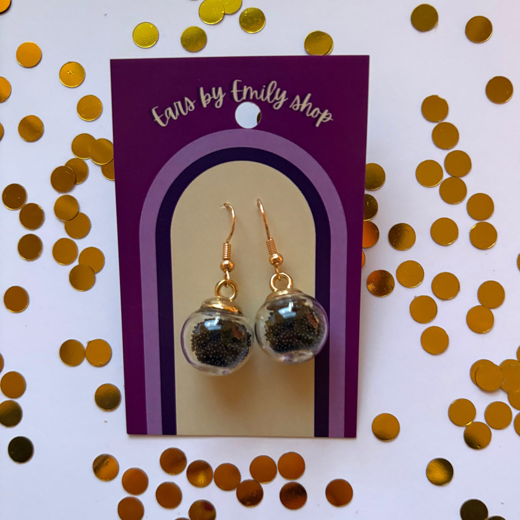 Black ball bead sparkle bauble Christmas dangle earrings gold plated