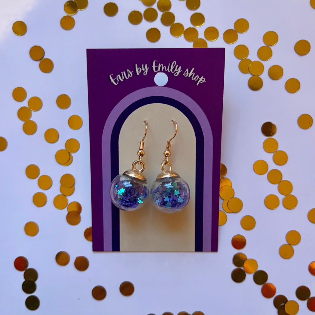 Purple star sparkle bauble Christmas dangle earrings gold plated