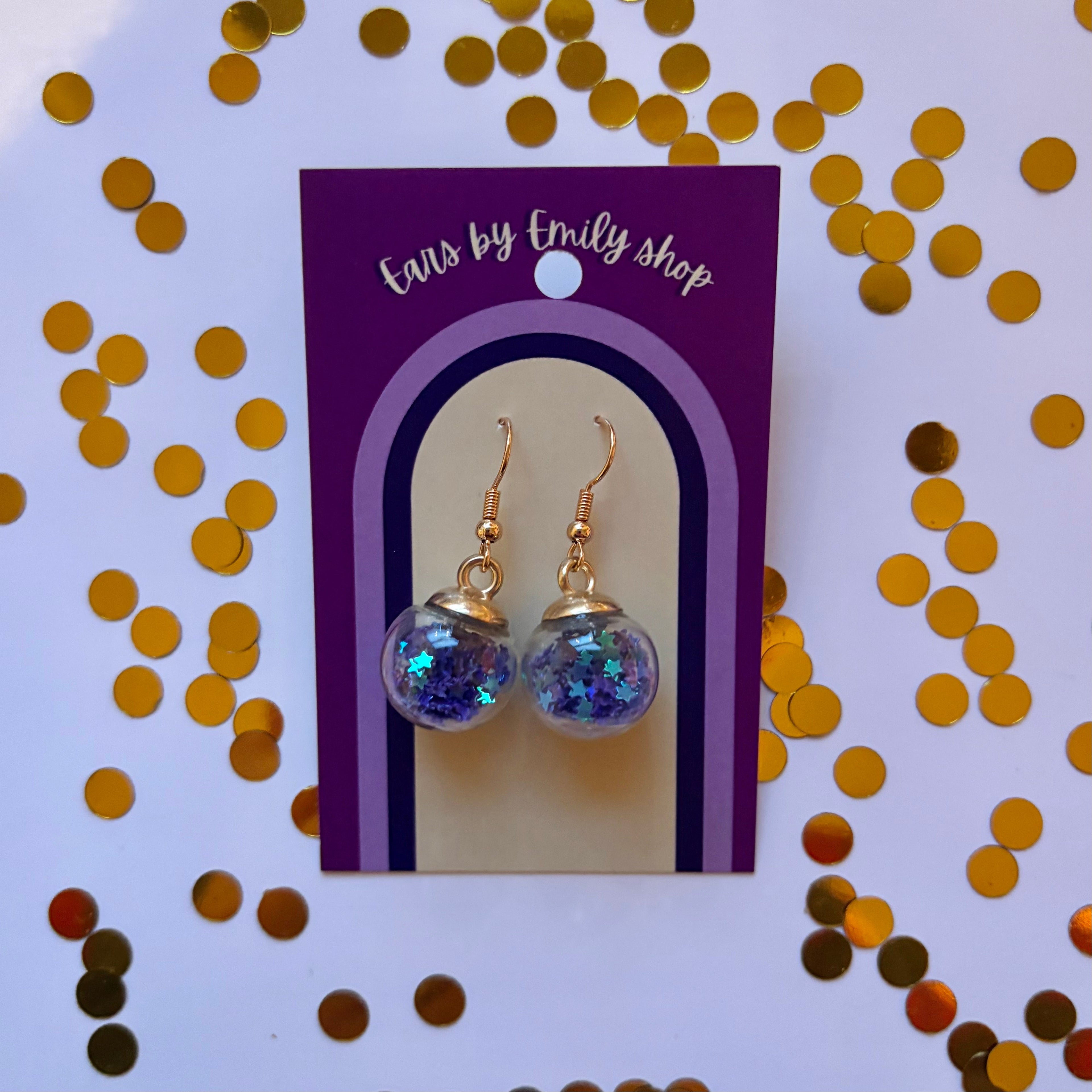 Purple star sparkle bauble Christmas dangle earrings gold plated