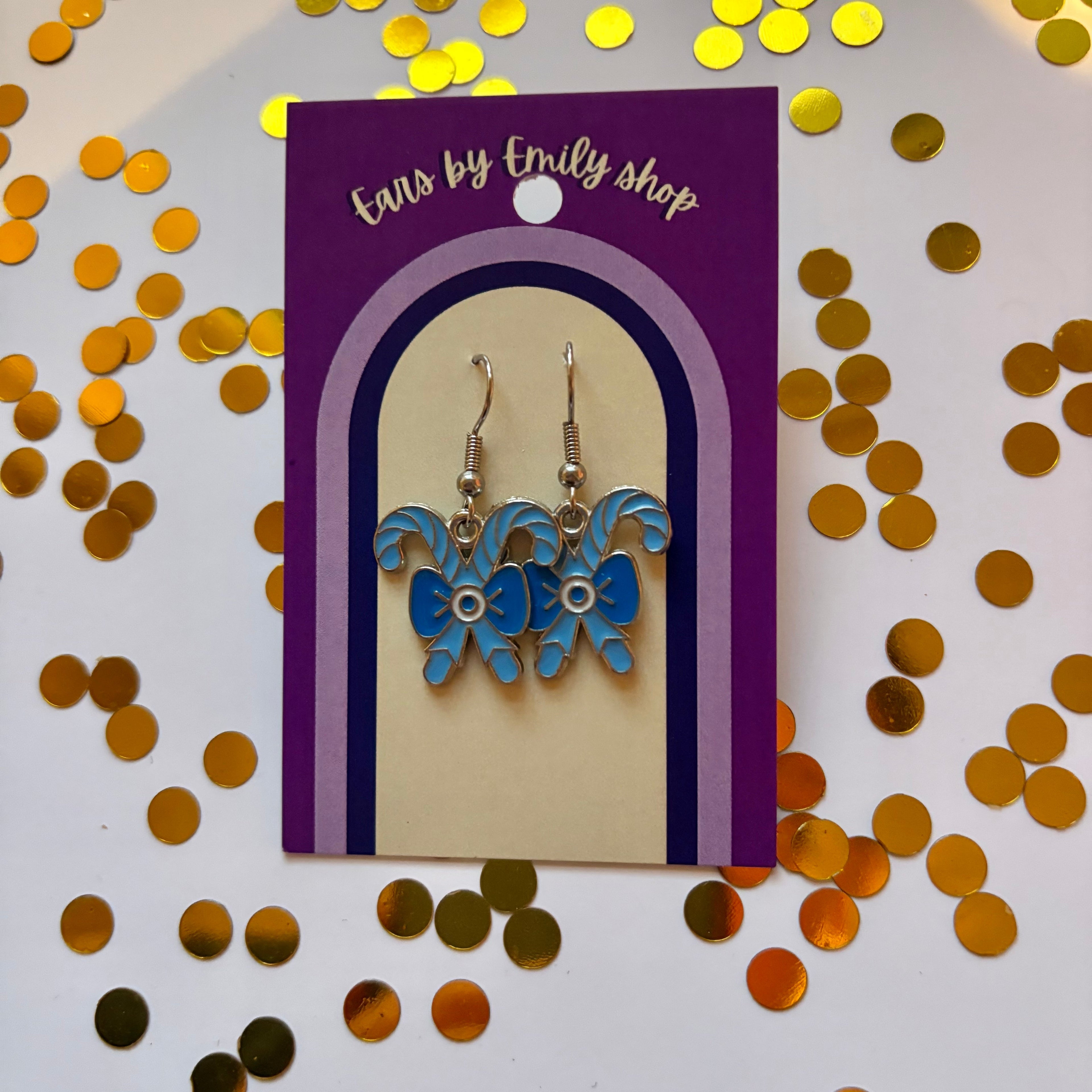 Blue Christmas candy cane gold earrings