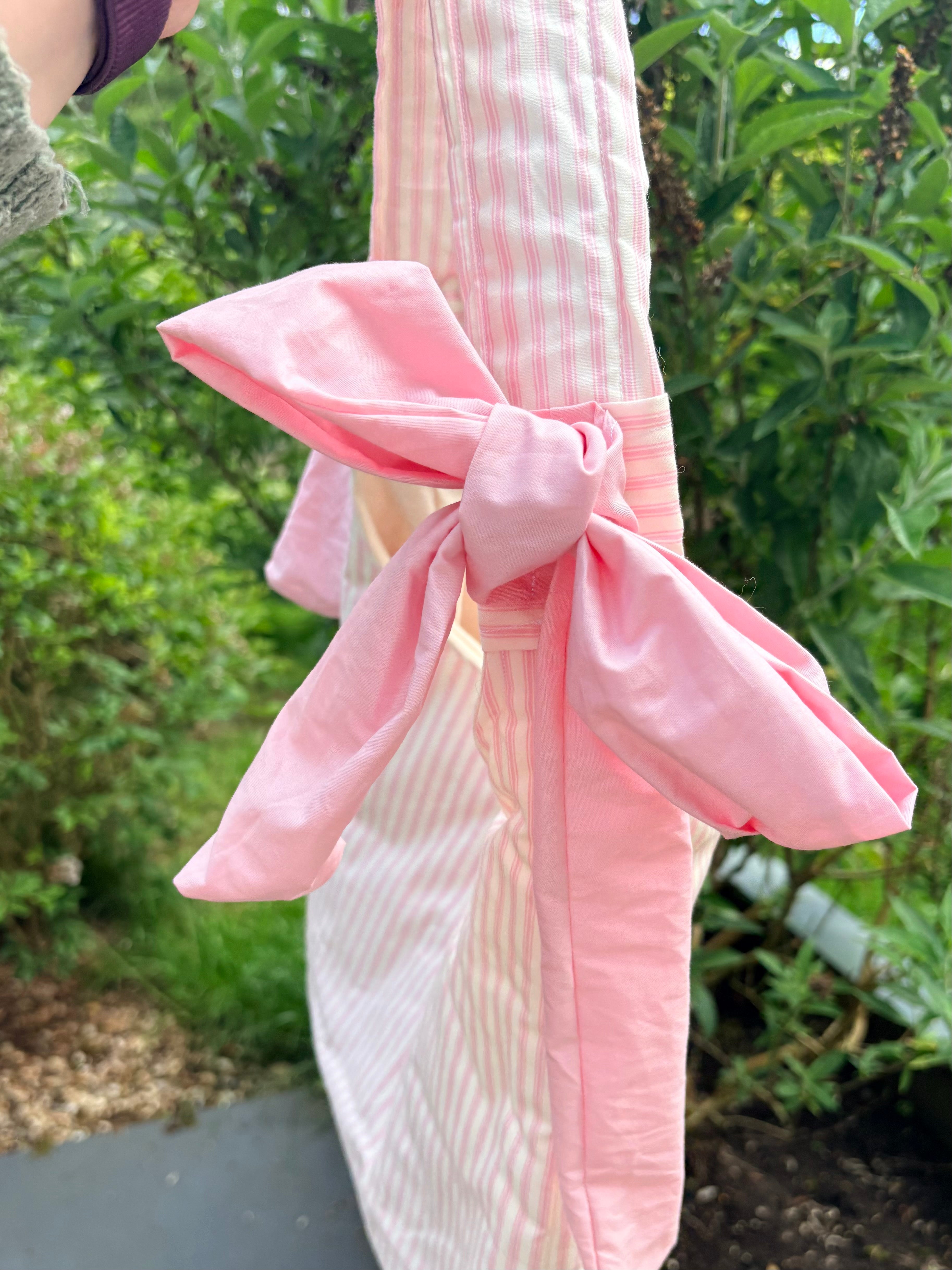 Handmade white and pink stripe coquette padded tote bag with bows
