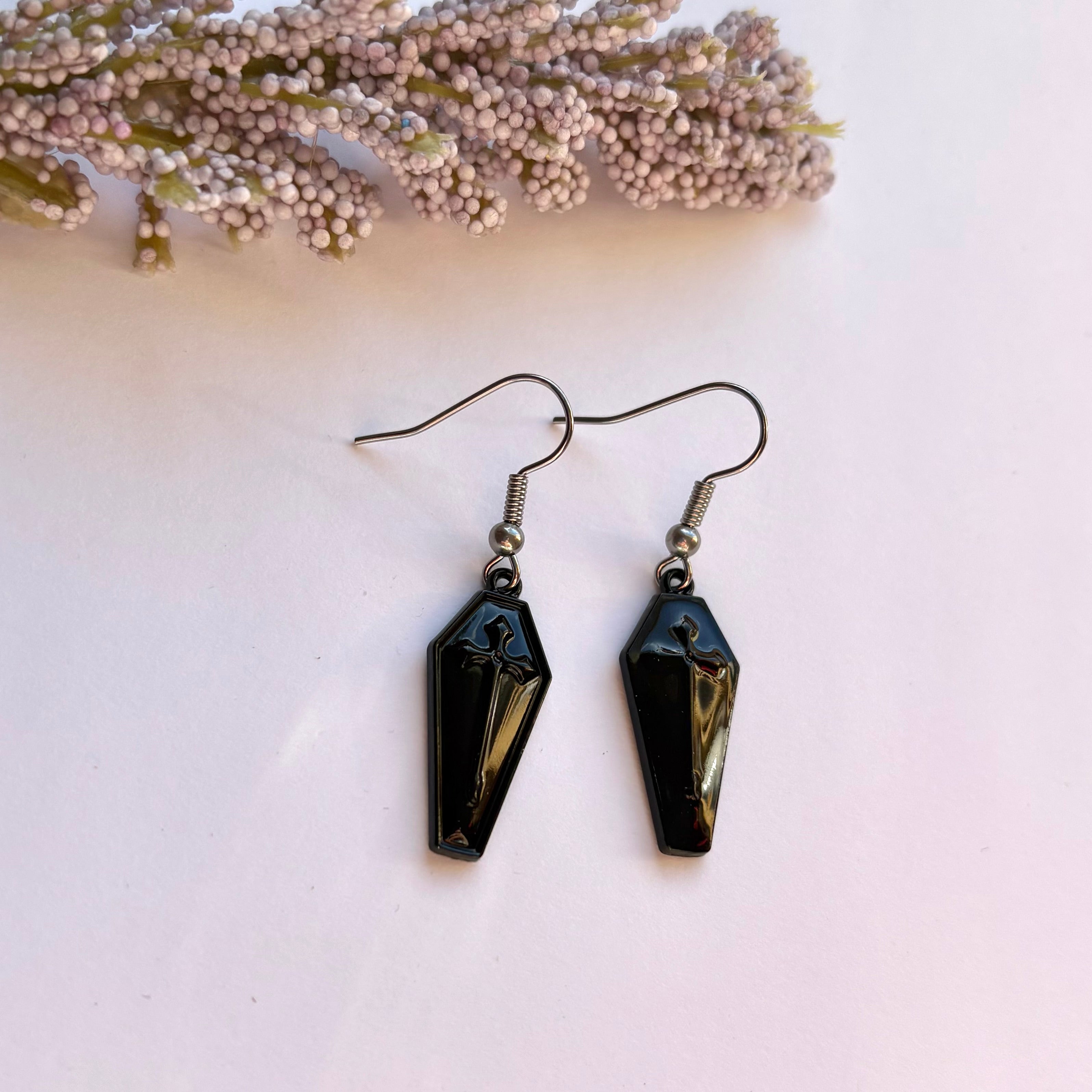 Gothic black silver coffin with cross halloween dangle earrings on surgical steel hooks