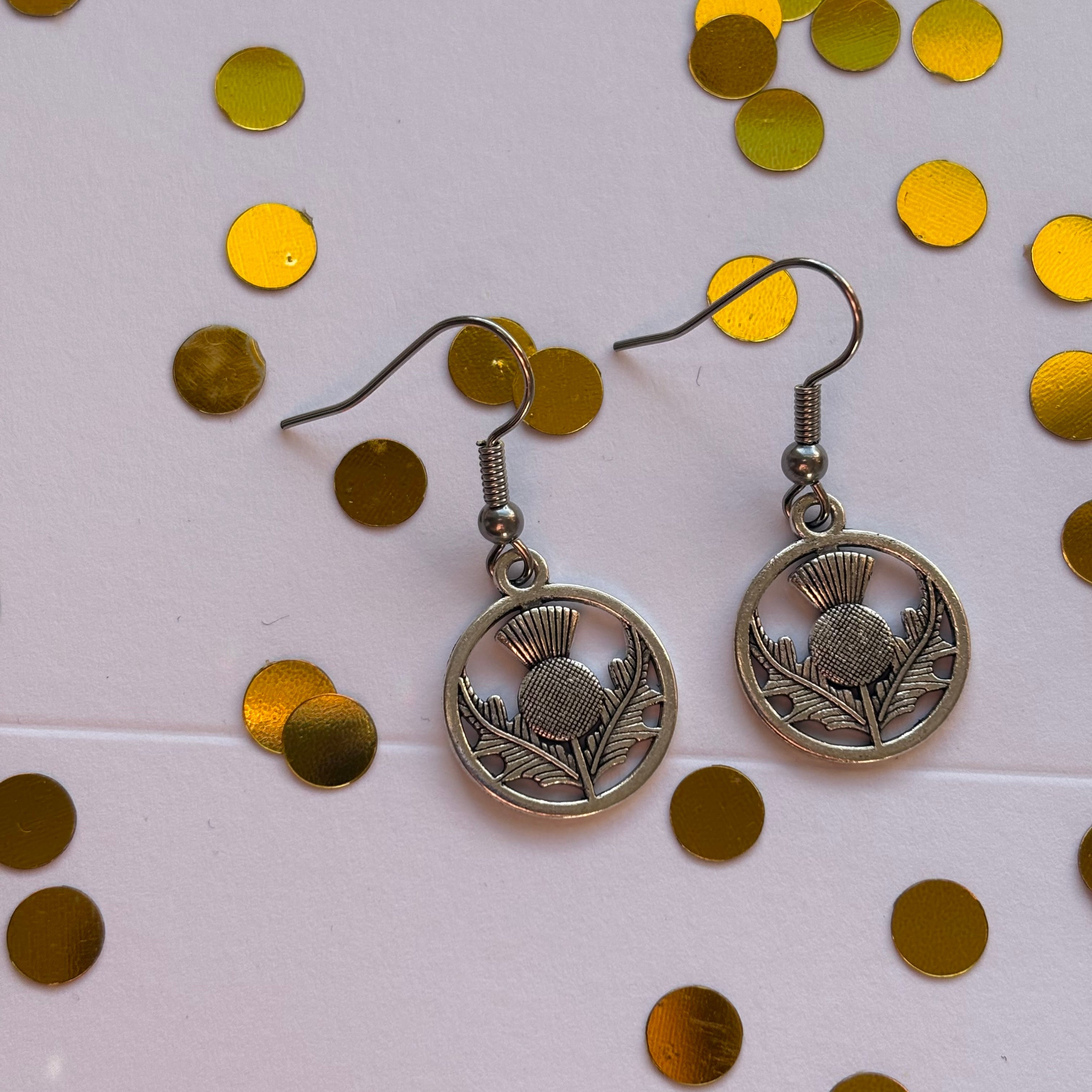 Silver Scottish thistle plant earrings