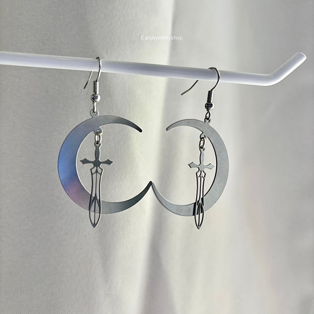Large cool stainless steel moon with swords silver earrings