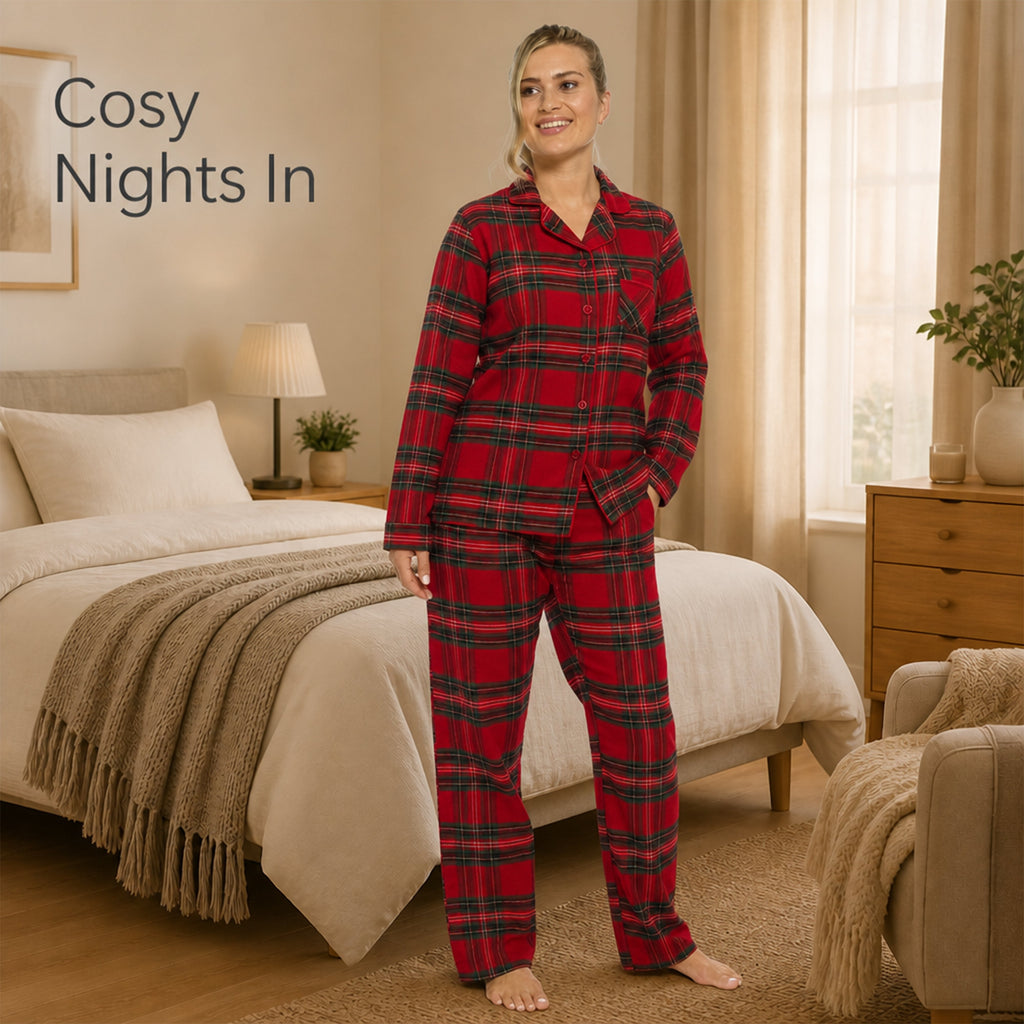 Daisy Dreamer Womens Flannelette Check Pyjama Set Soft Brushed Cotton Easy Care Super Soft Cosy Sleepwear